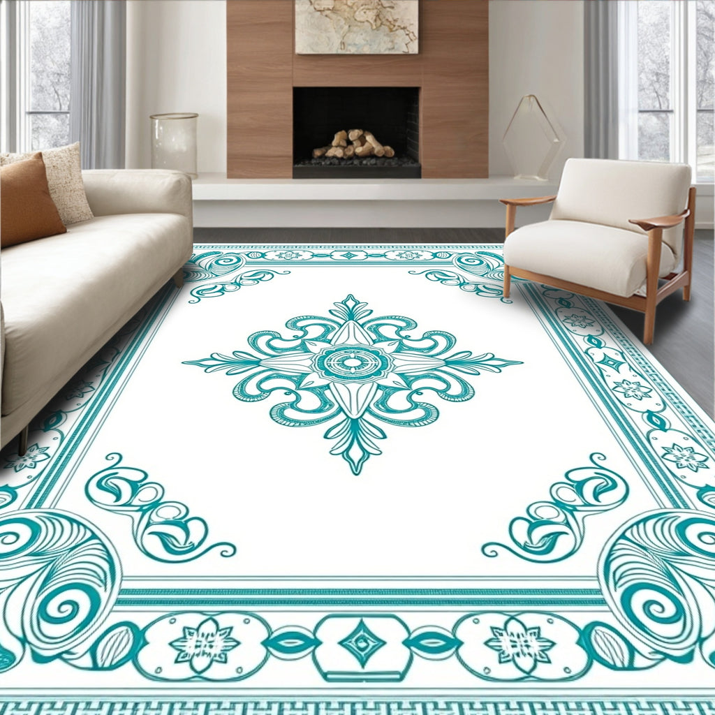 Elegant Teal Filigree Medallion Frame Rug