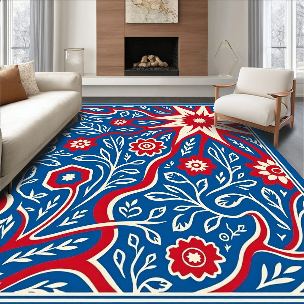Bold Red Floral Vines Blue Rug