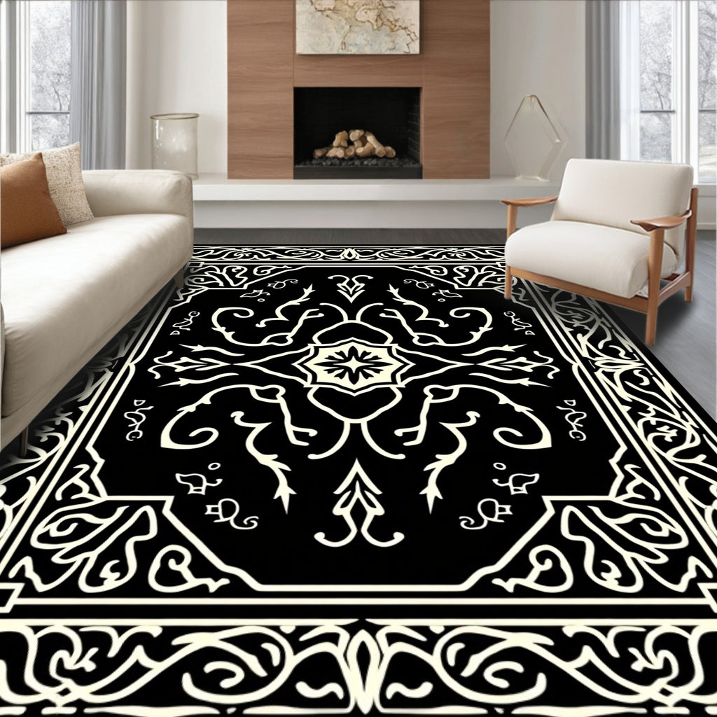 Cream Black Damask Ornamental Rug