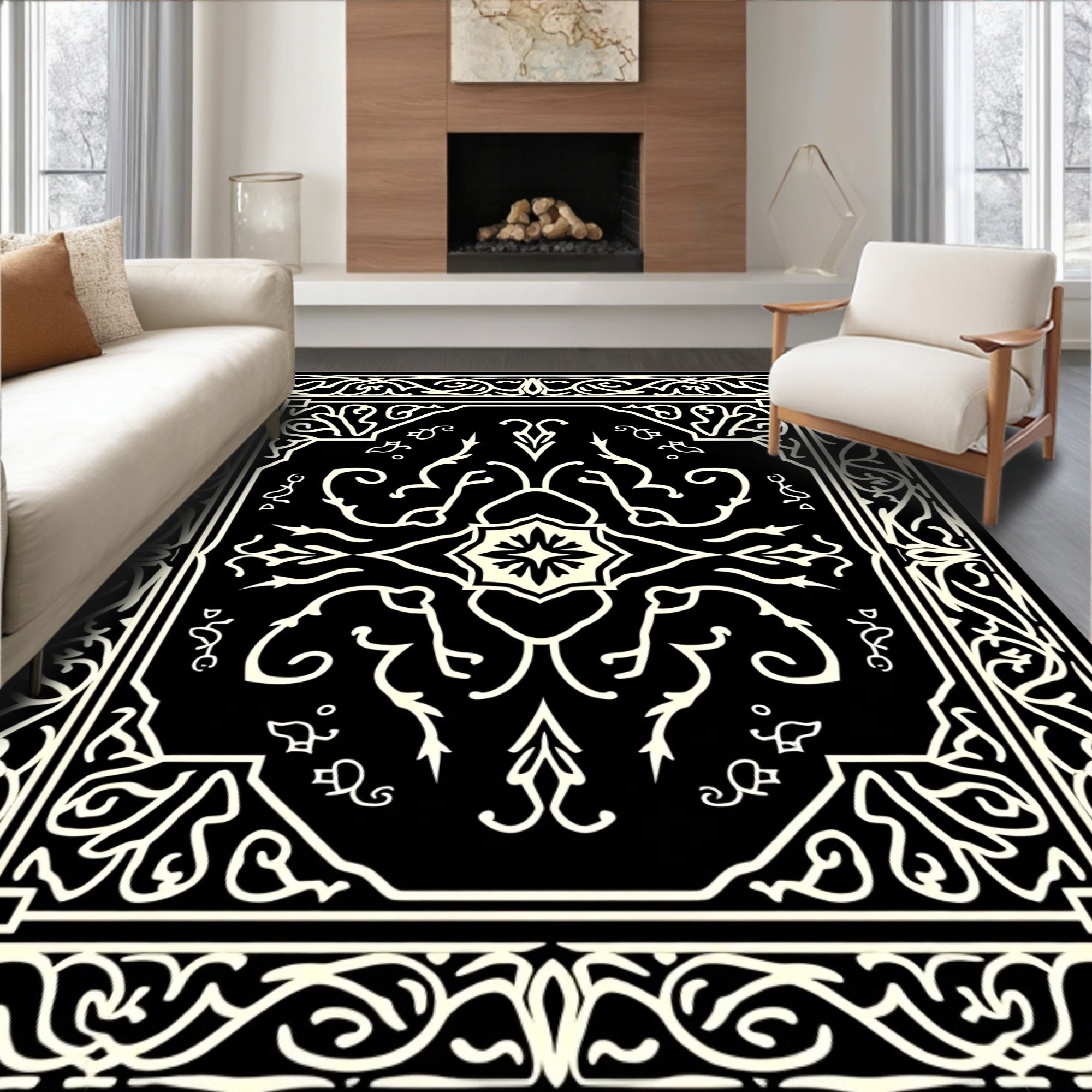 Cream Black Damask Ornamental Rug