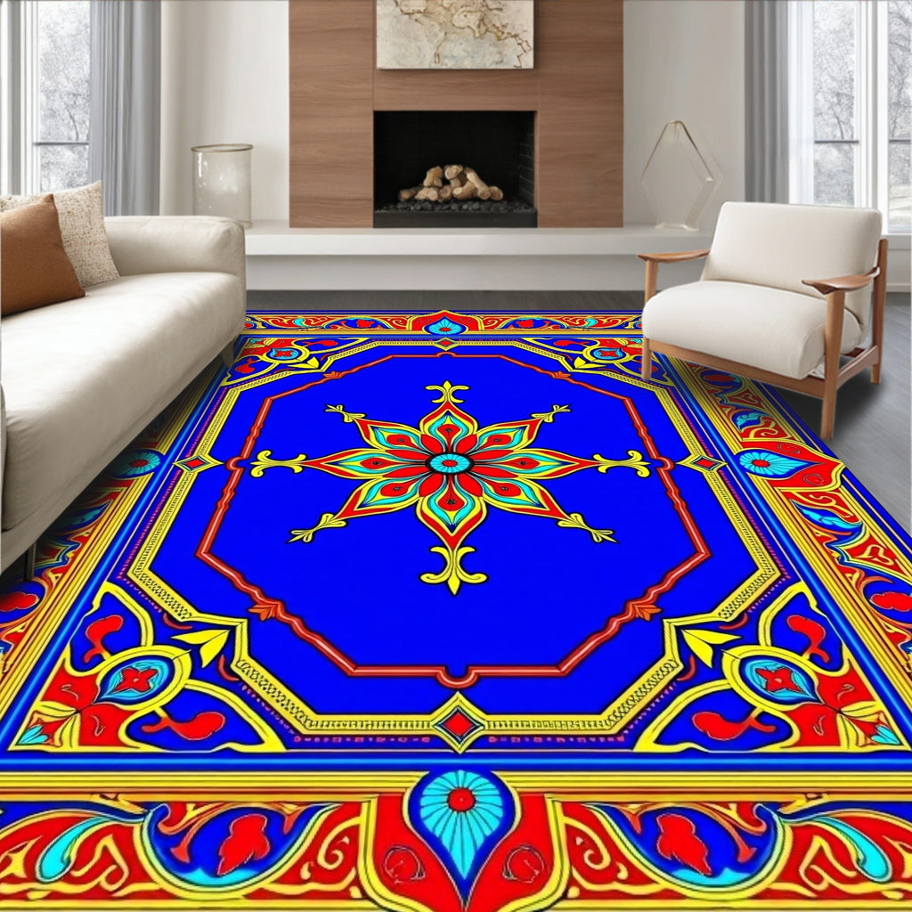 Vibrant Blue Red Golden Floral Medallion Rug
