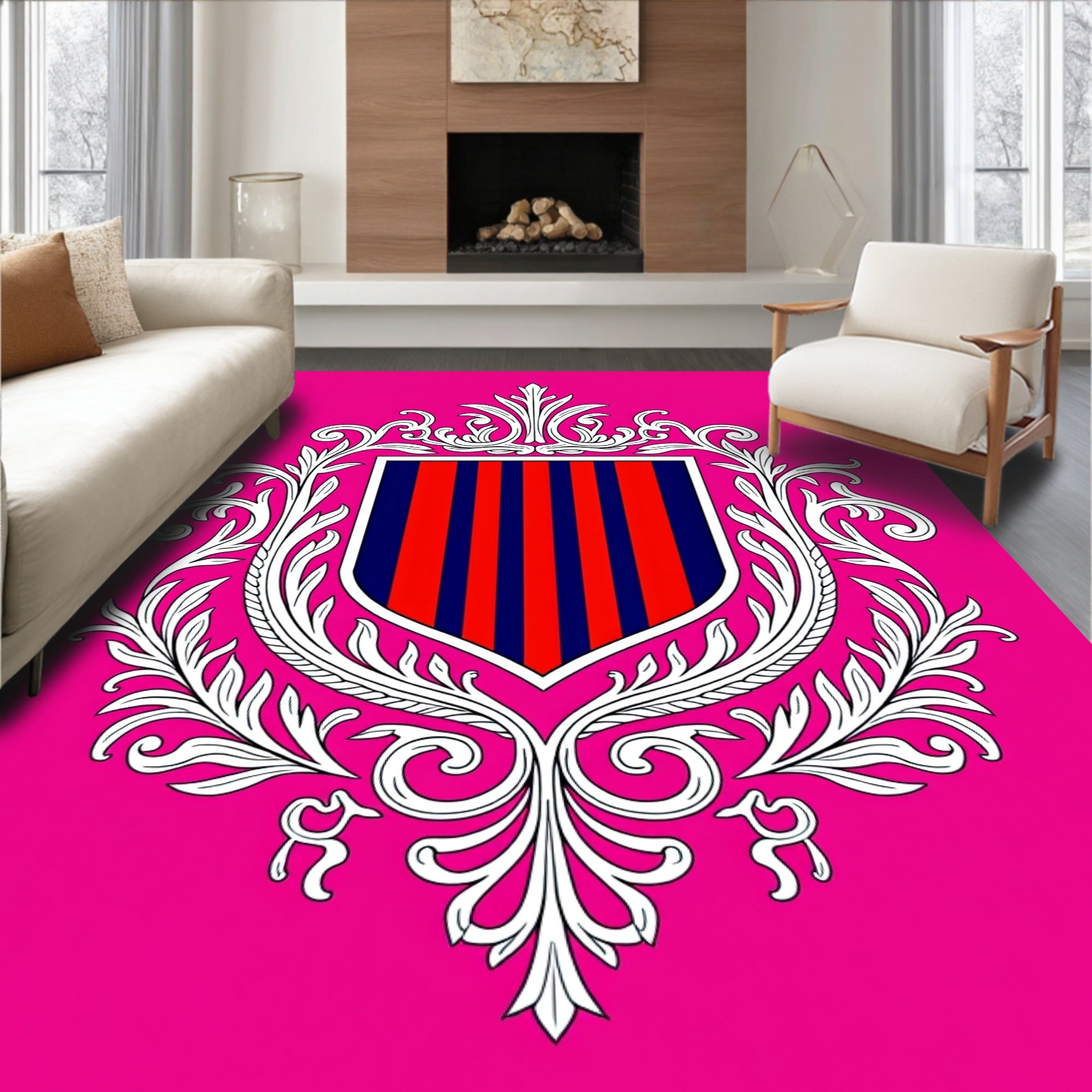 Baroque Red Blue Striped Crest Rug