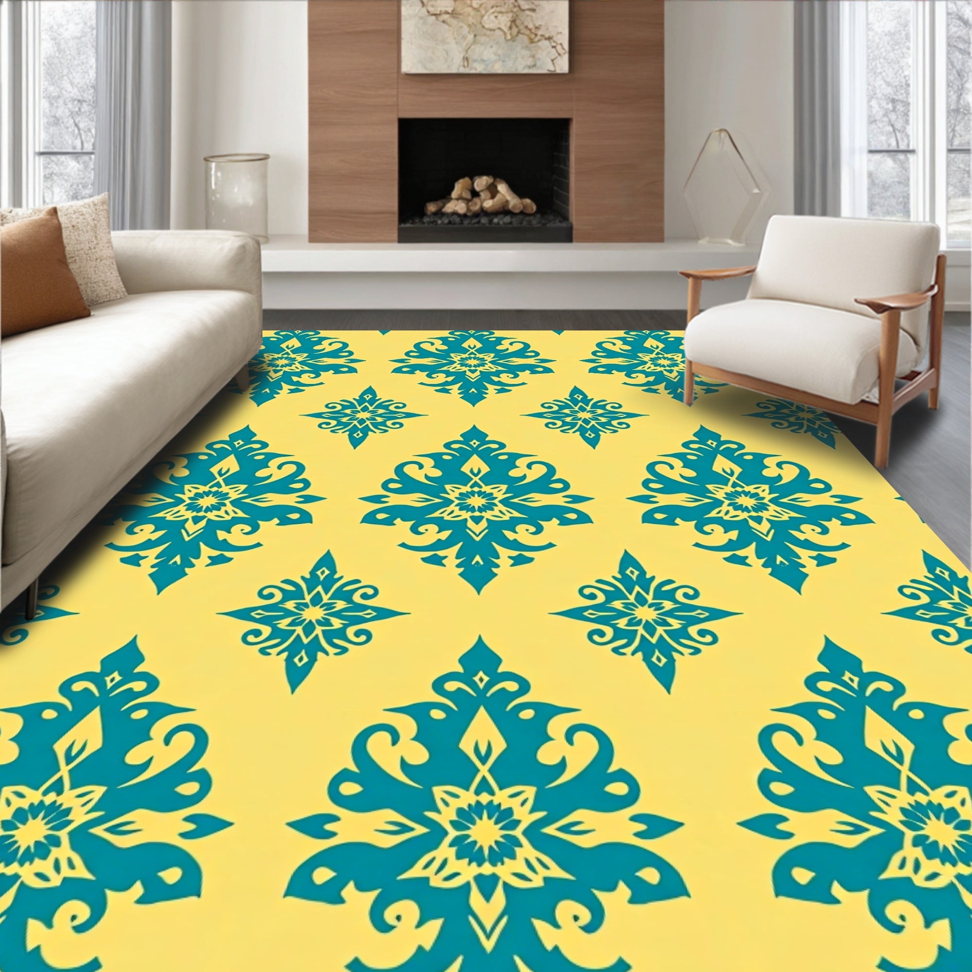 Turquoise Teal Yellow Damask Medallion Rug