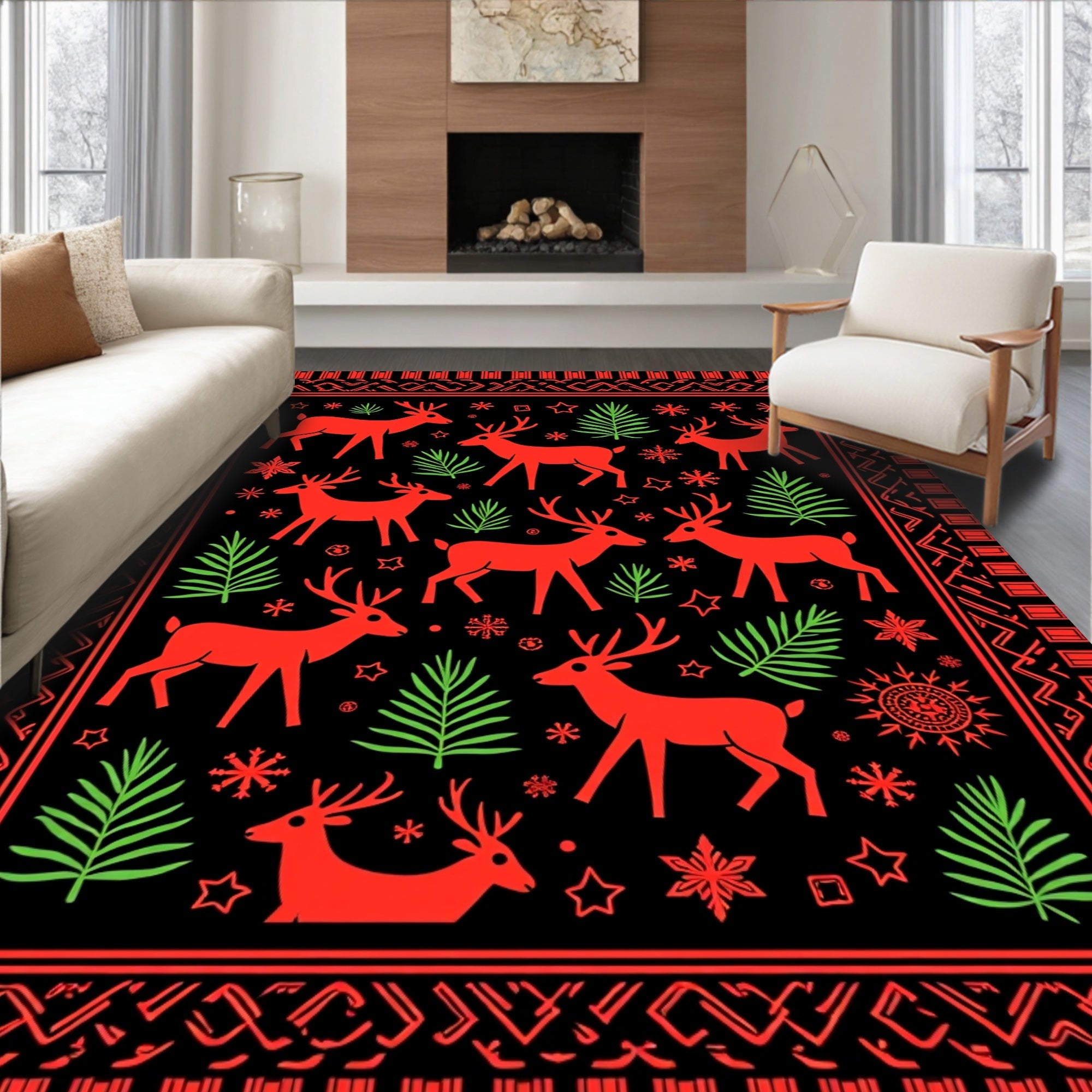 Red Deer And Green Pine Scene Rug