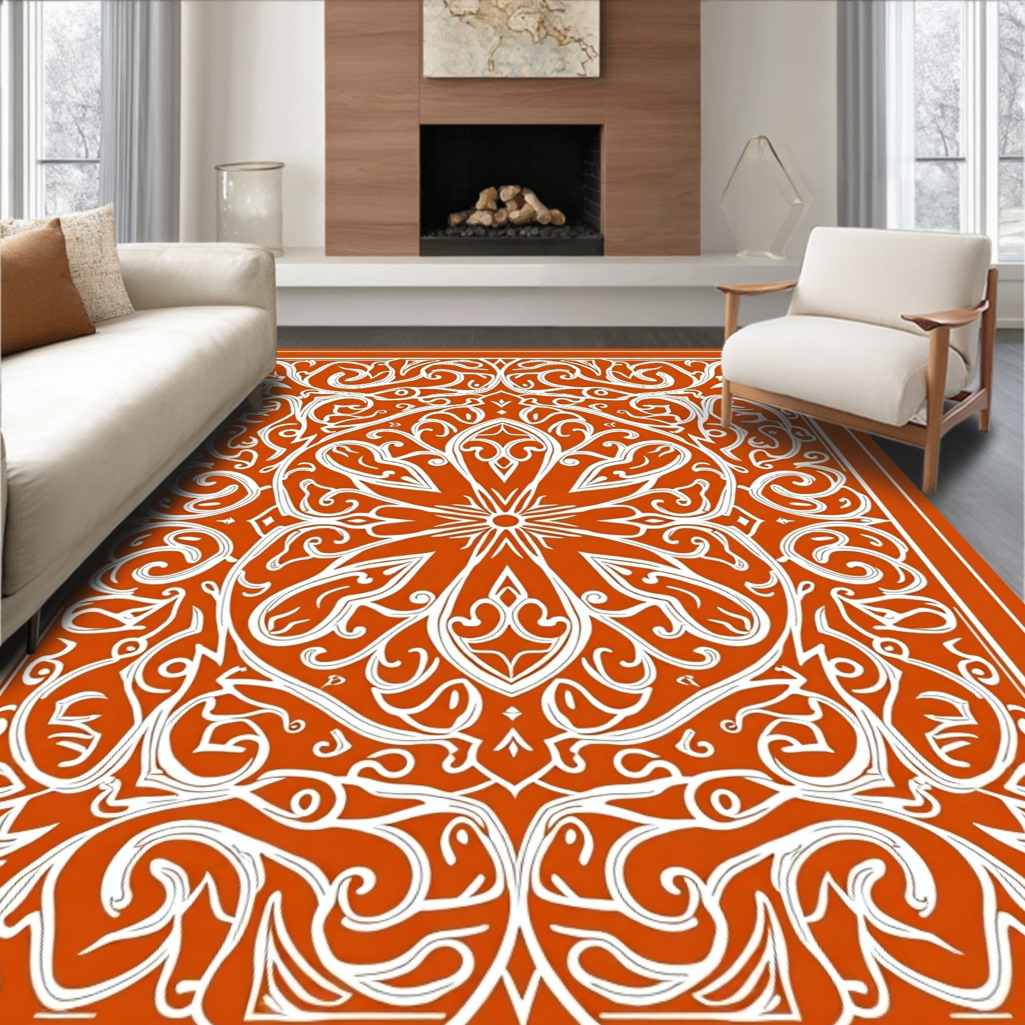 Orange White Intricate Floral Medallion Rug