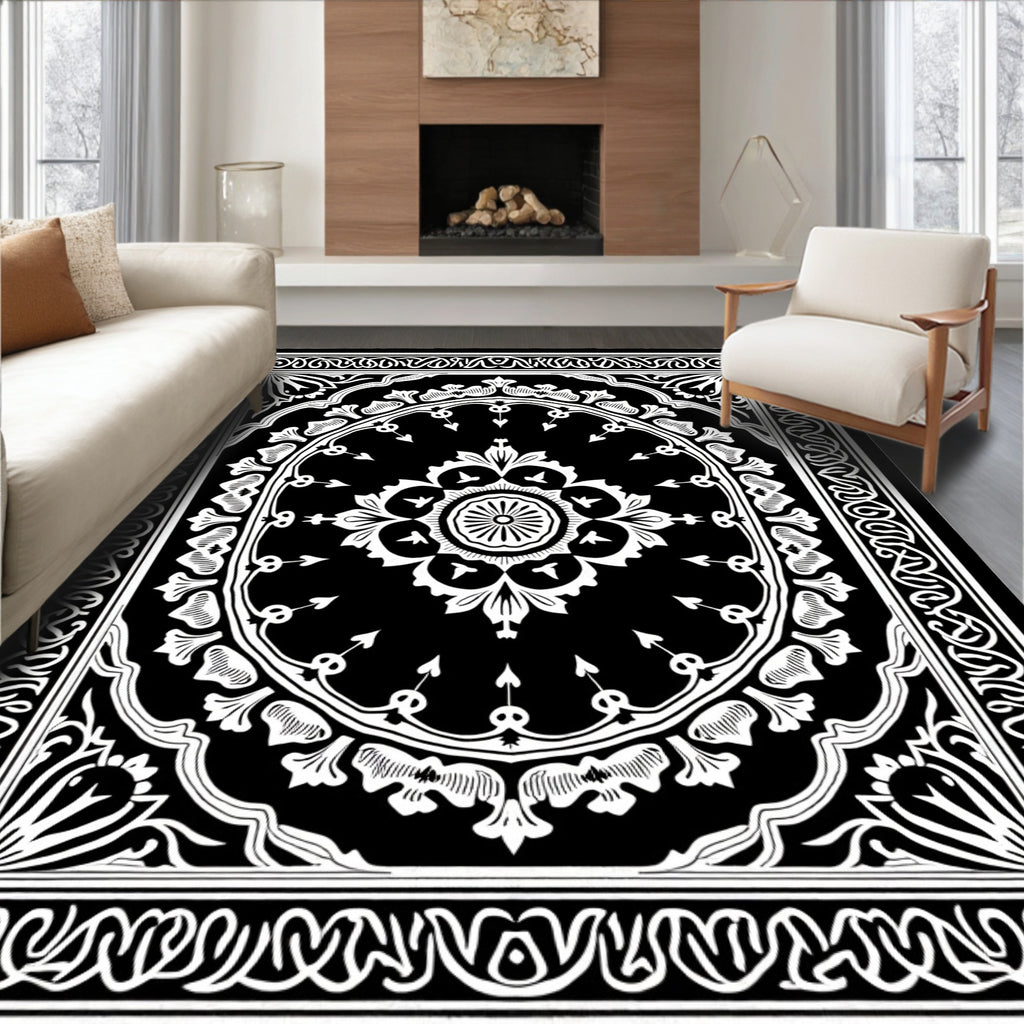 Classic Black White Medallion Border Rug