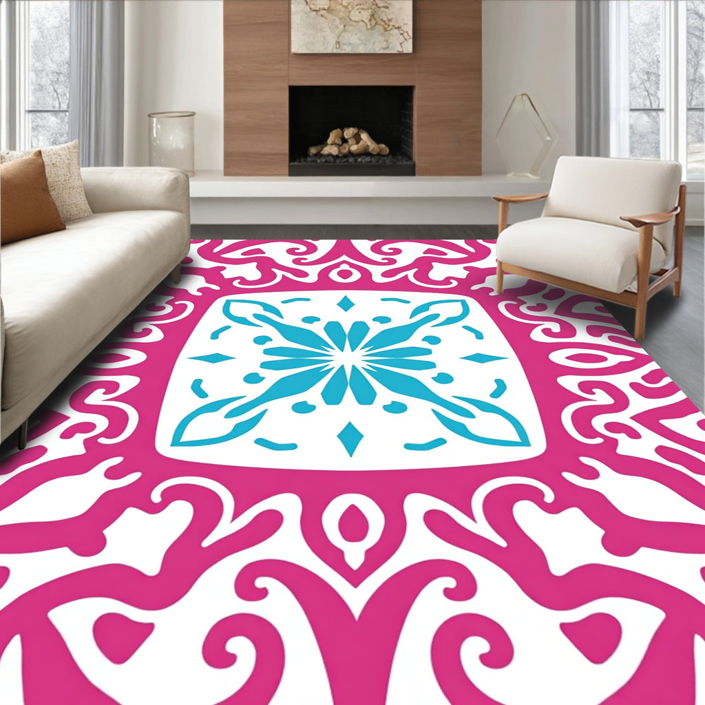 Bold Pink Teal Floral Medallion Rug