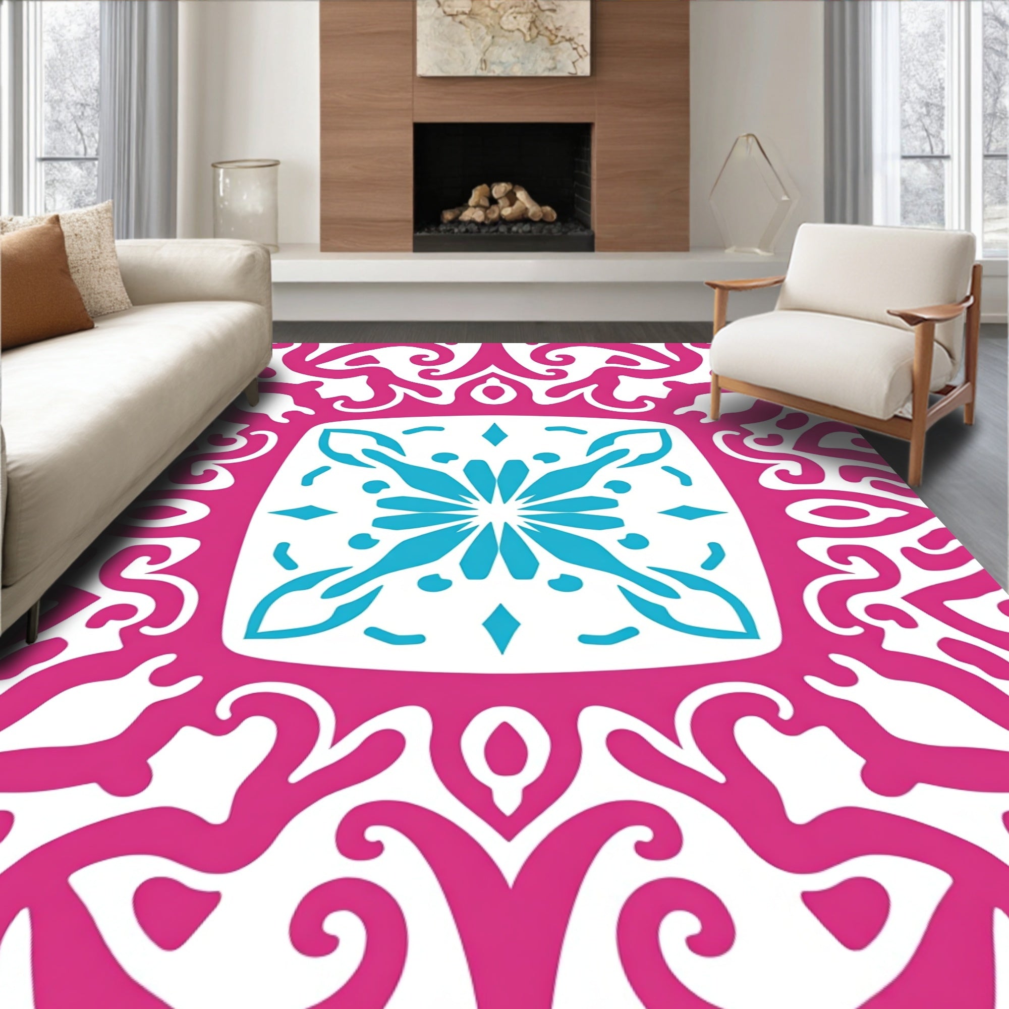 Bold Pink Teal Floral Medallion Rug