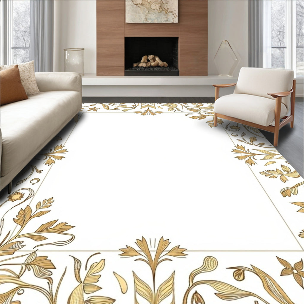 Golden Floral Swirl Border Rug