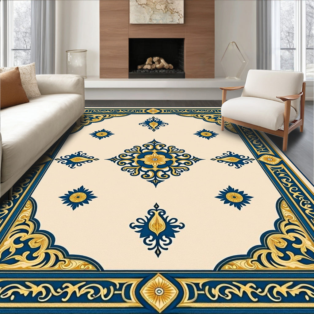 Navy Gold Floral Medallion Scroll Rug