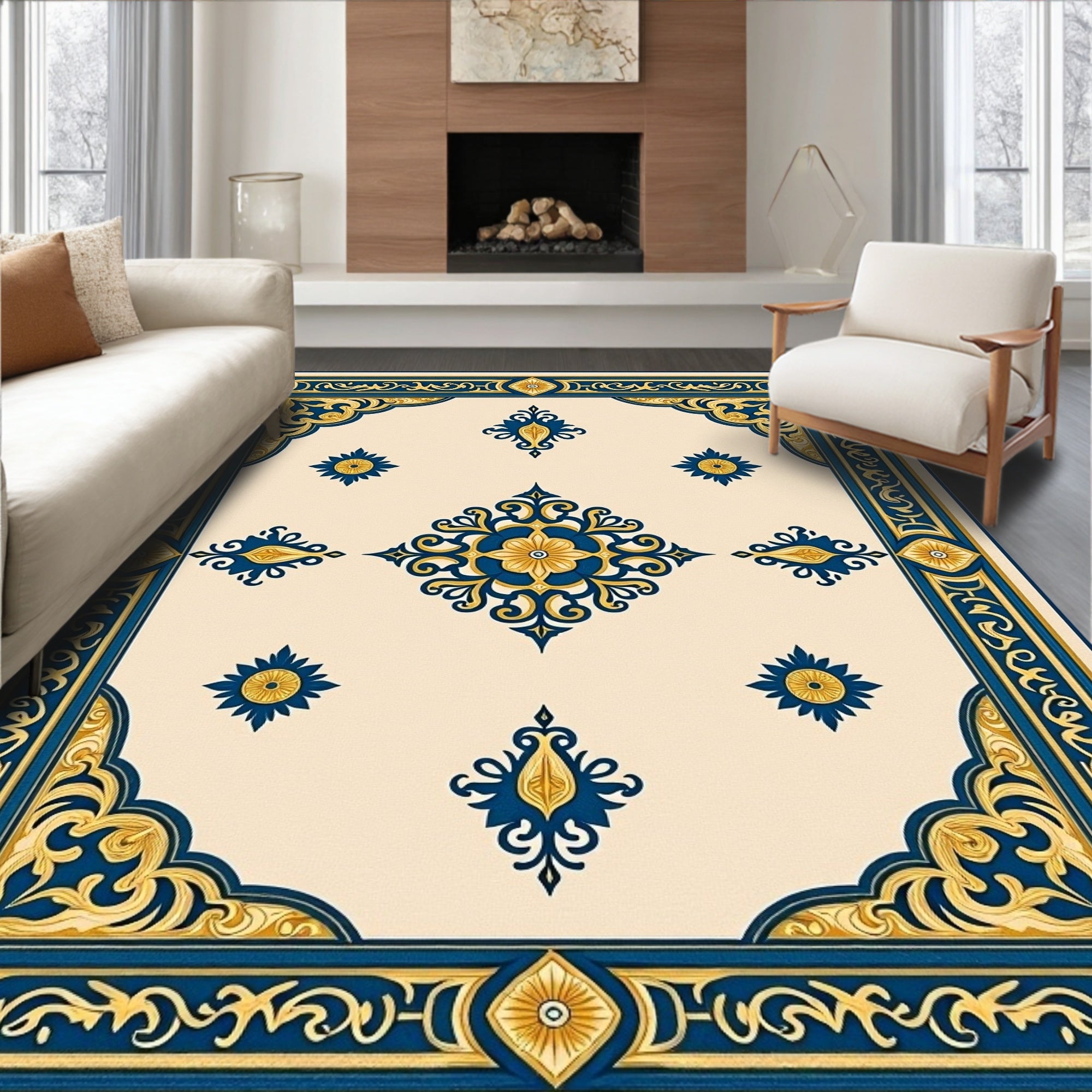 Navy Gold Floral Medallion Scroll Rug
