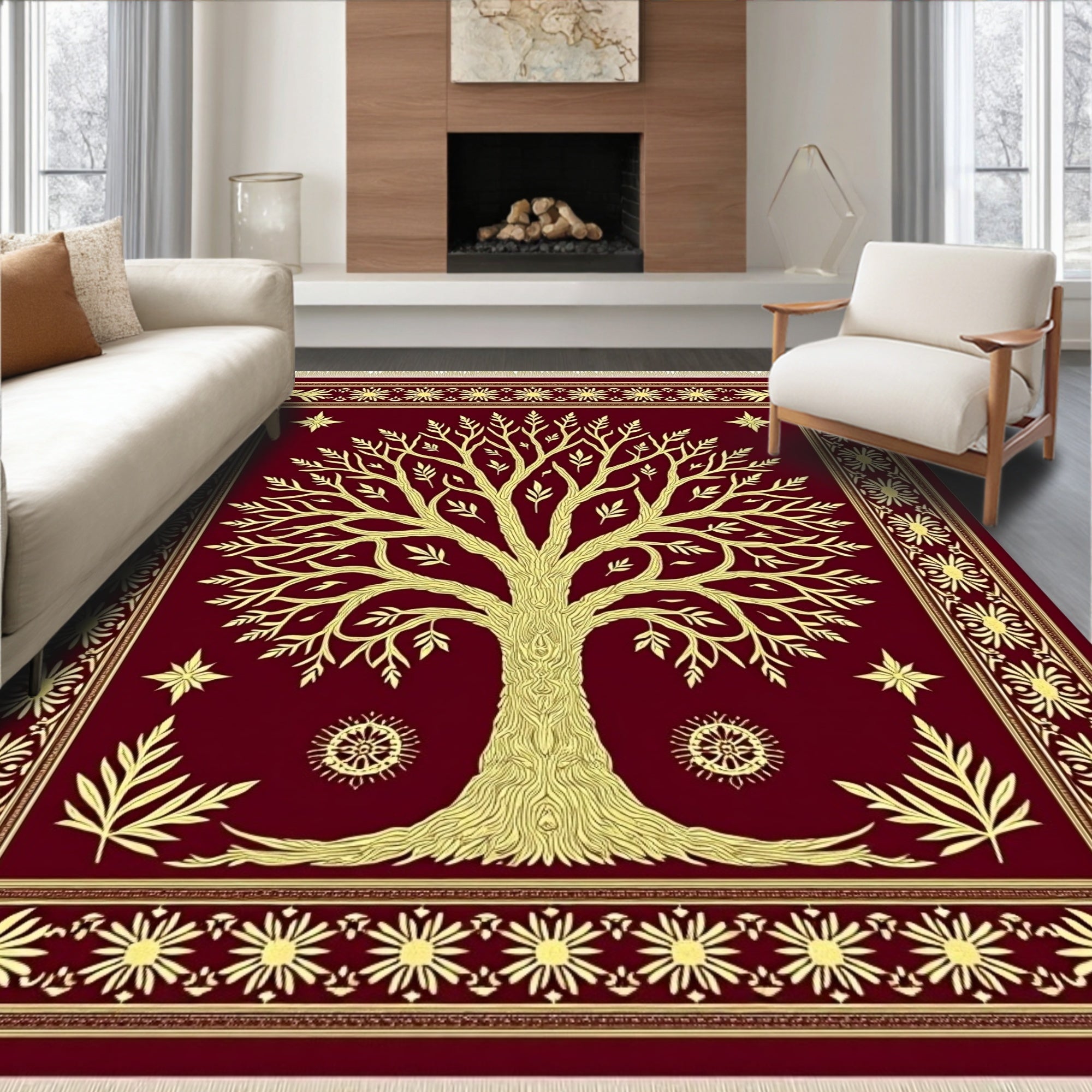 Golden Tree of Life Burgundy Rug