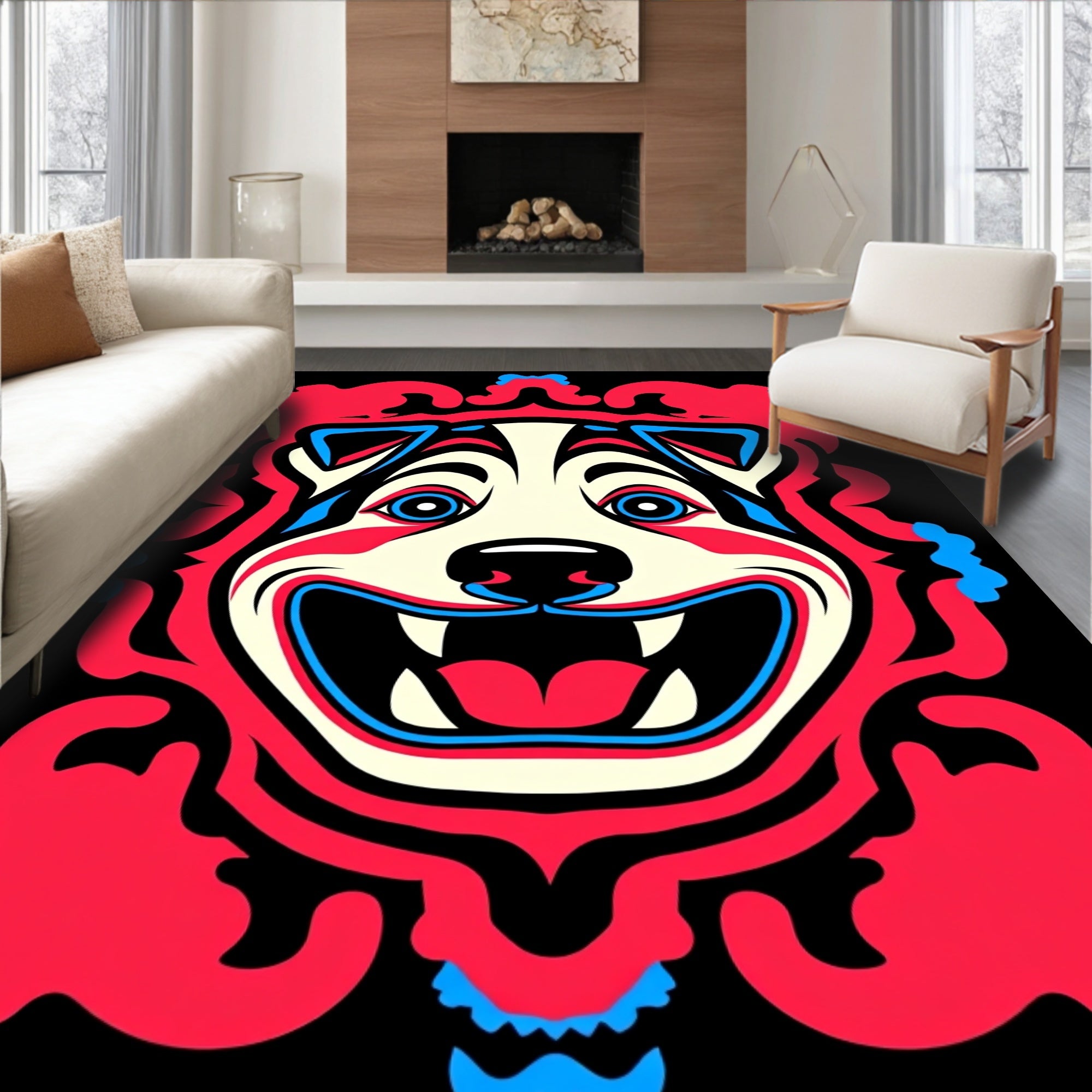 Vibrant Red Blue Dog Face Mask Rug