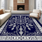 Deep Blue White Symmetrical Floral Medallion Rug