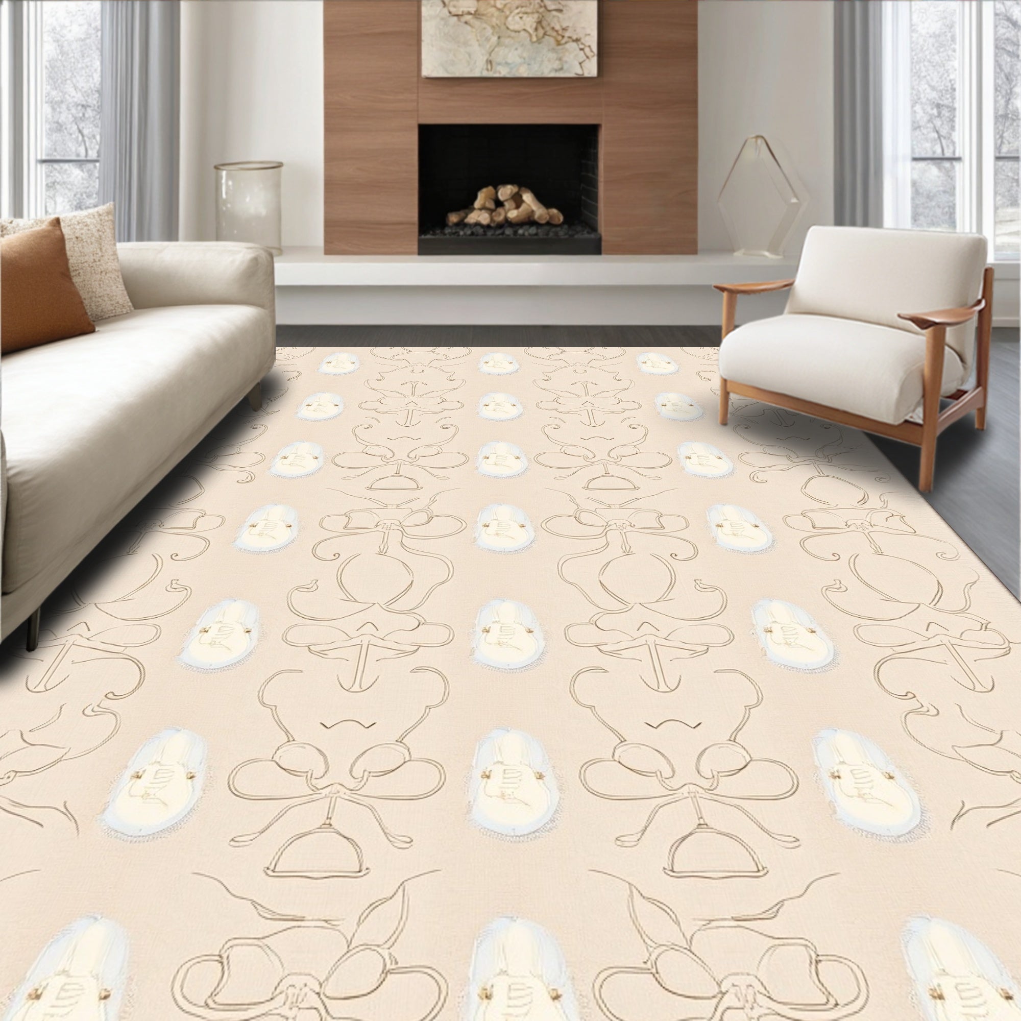Cream and Gold Rococo Floral Rug