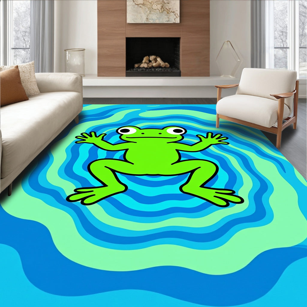 Whimsical Green Frog Psychedelic Waves Rug