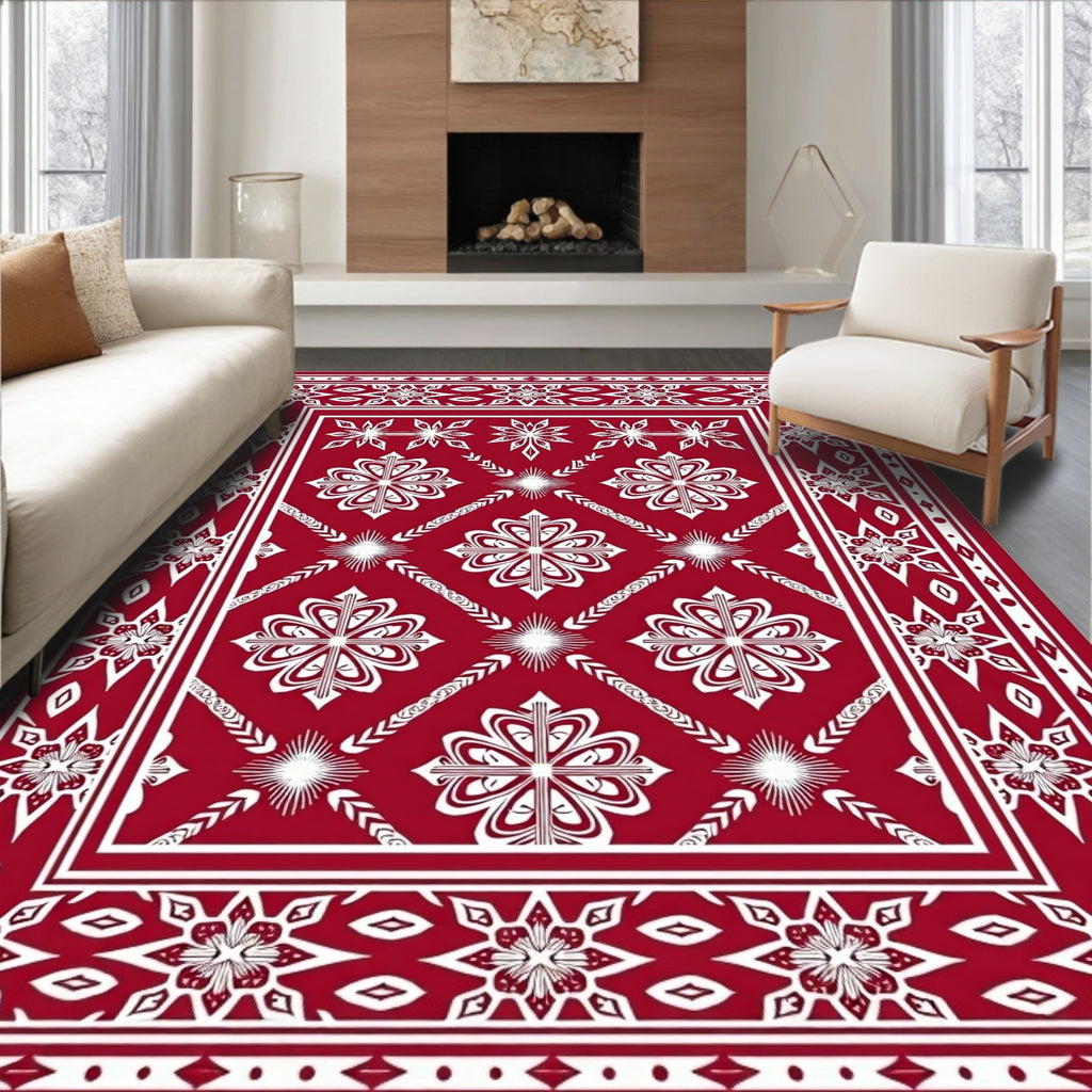 Crimson White Floral Starburst Medallion Rug