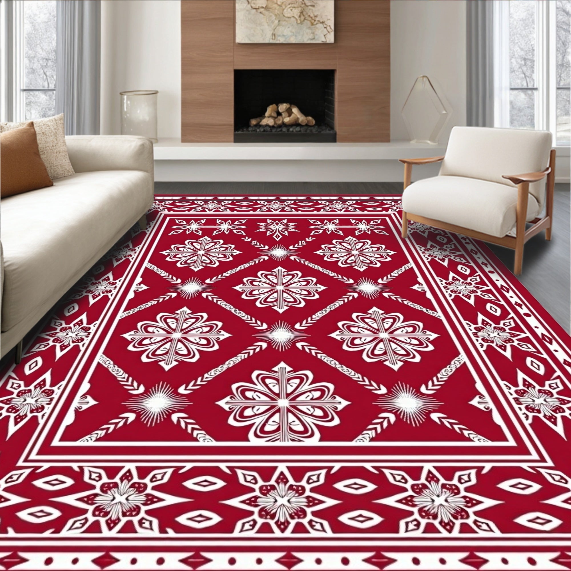 Crimson White Floral Starburst Medallion Rug