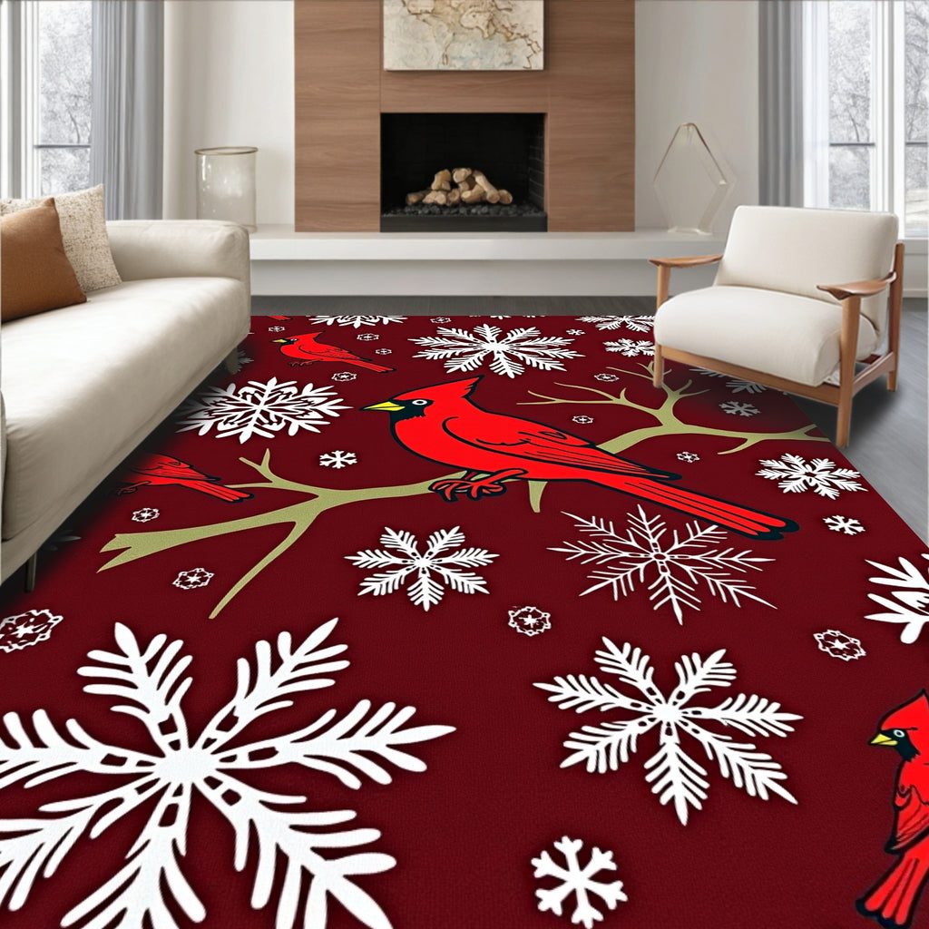 Red Cardinal Snowflake Winter Scene Rug