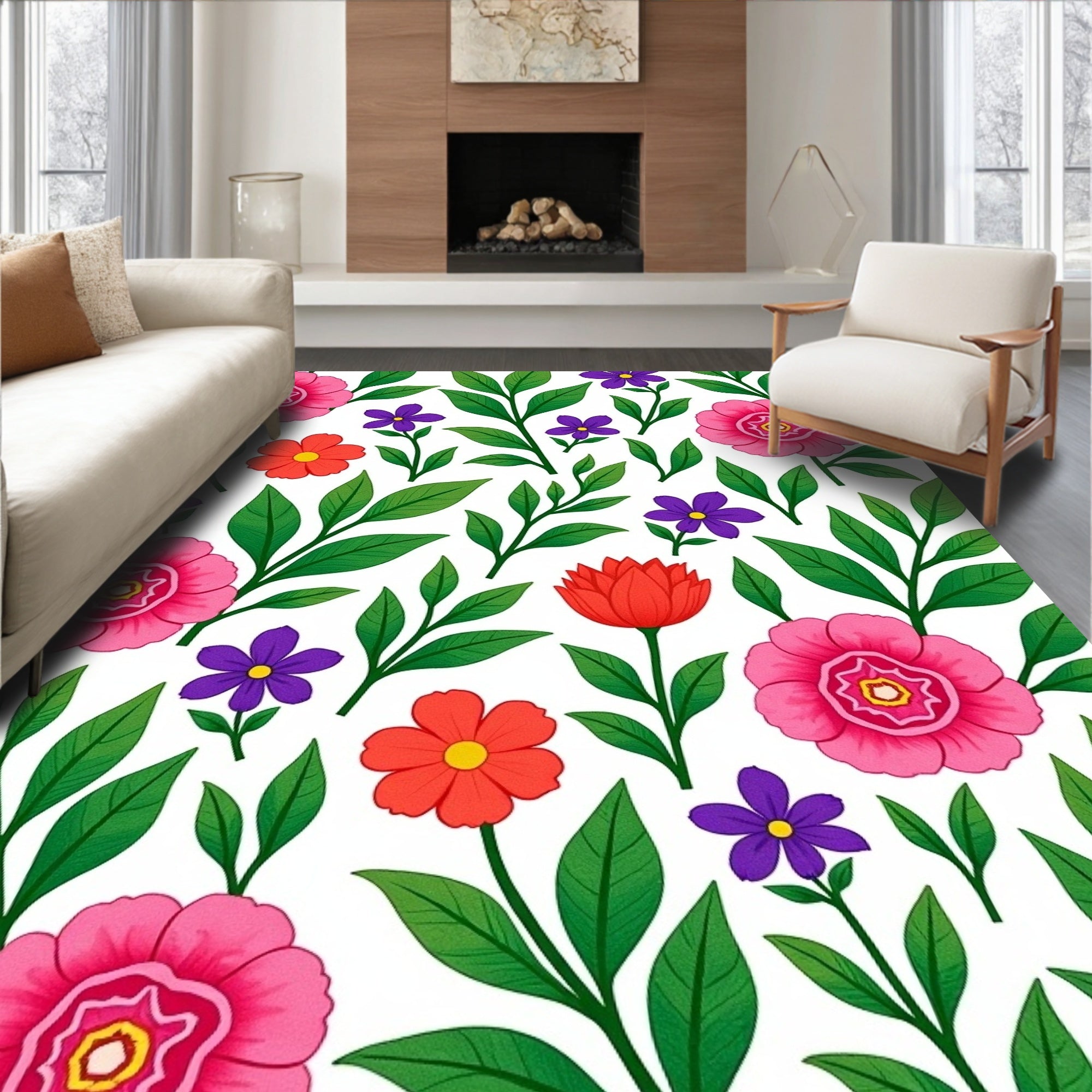 Vibrant Floral Garden Folk Art Rug