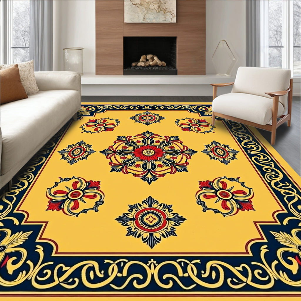 Golden Yellow Red Blue Floral Medallion Rug