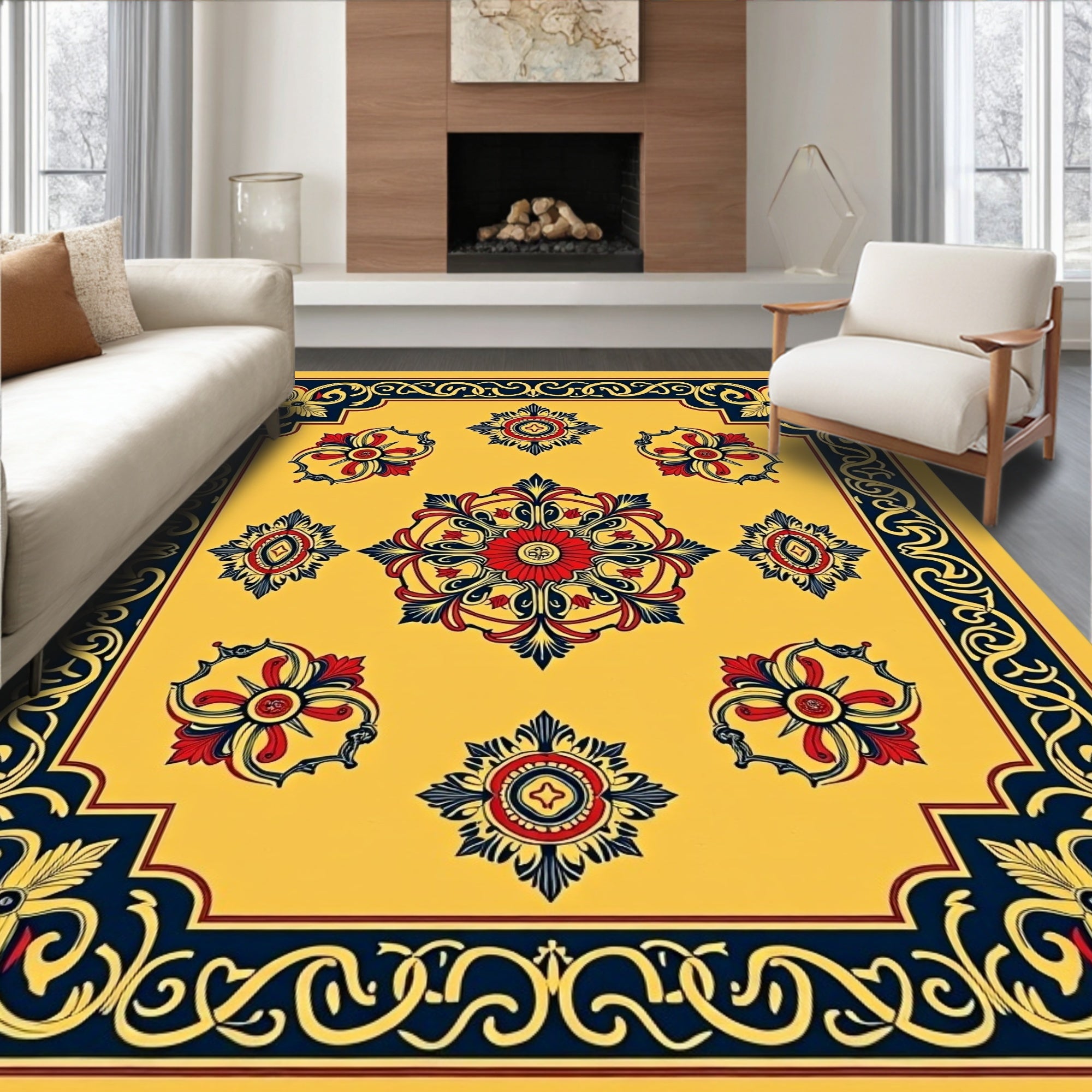 Golden Yellow Red Blue Floral Medallion Rug