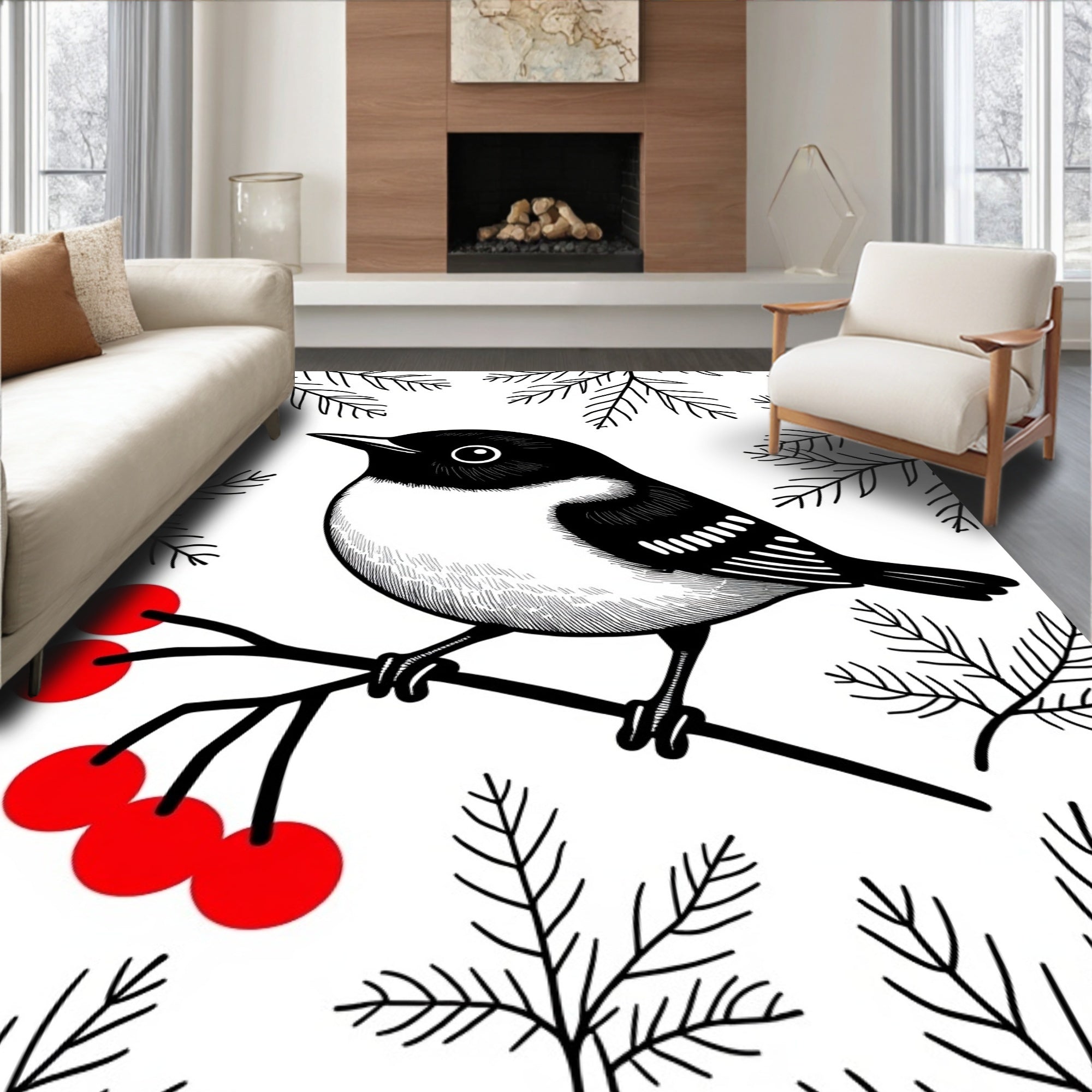 Black White Bird Red Berries Branches Rug