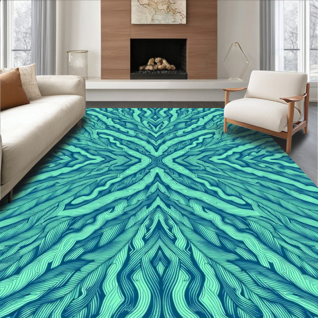 Teal Feathered Symmetry Organic Rug