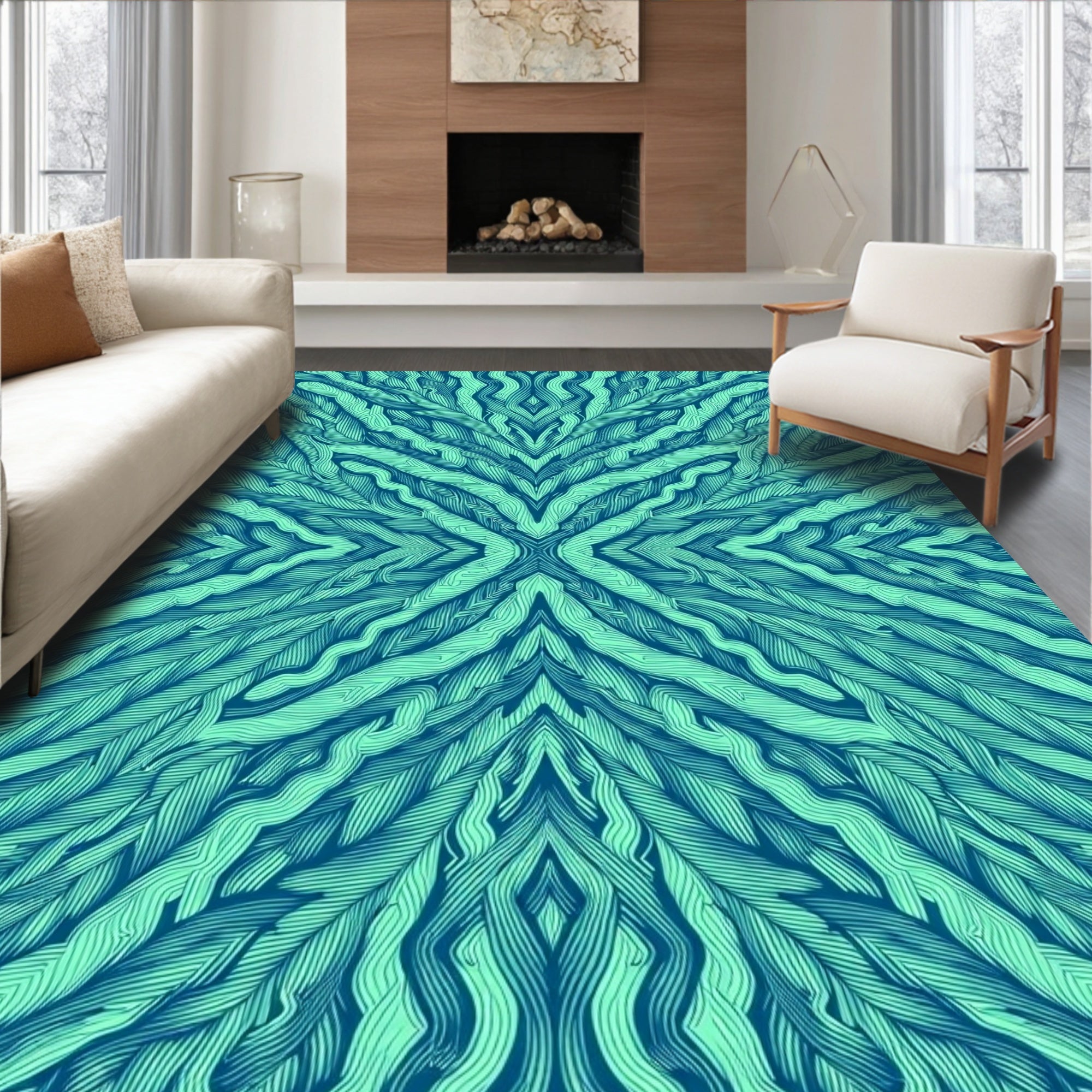 Teal Feathered Symmetry Organic Rug