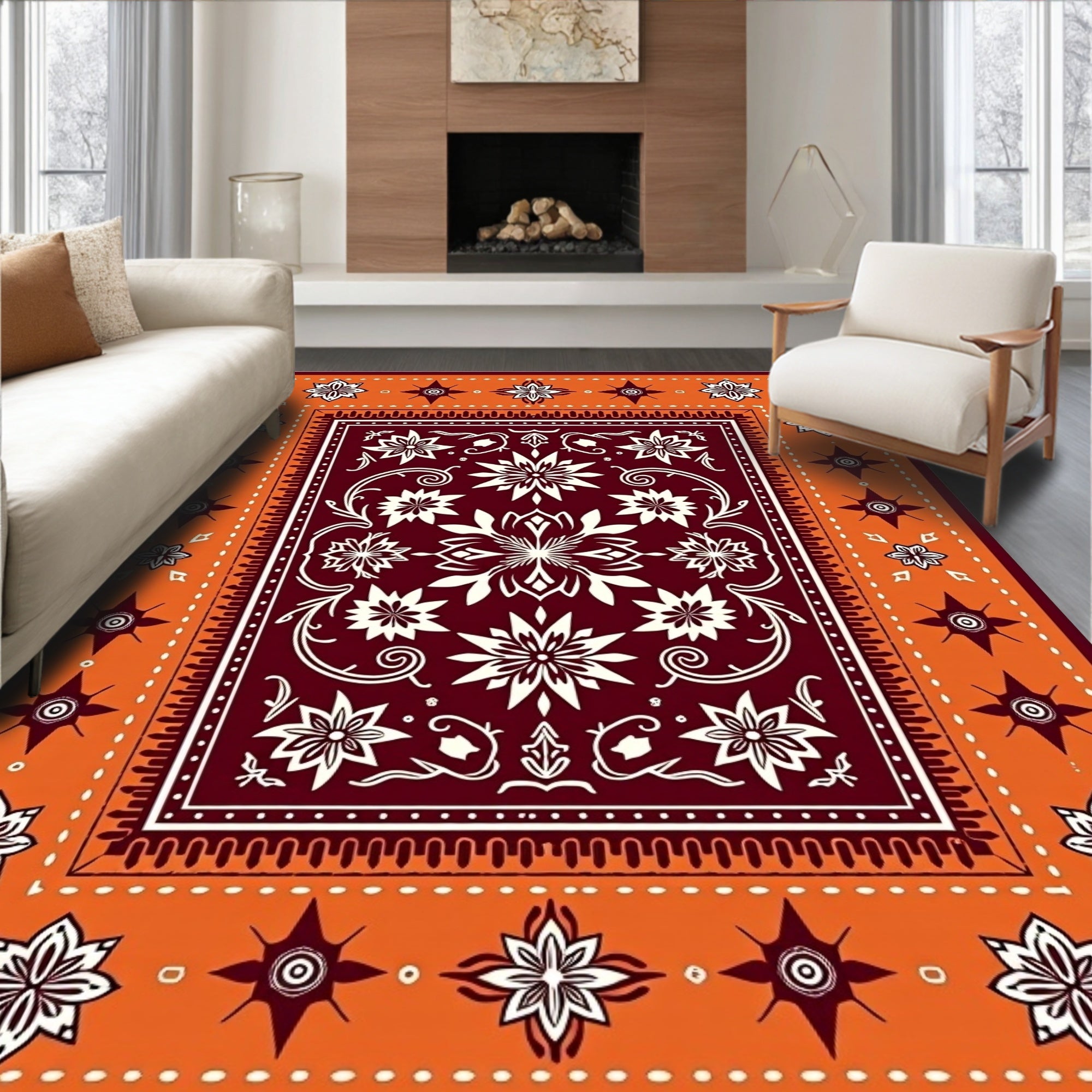 Crimson White Floral Starburst Border Rug
