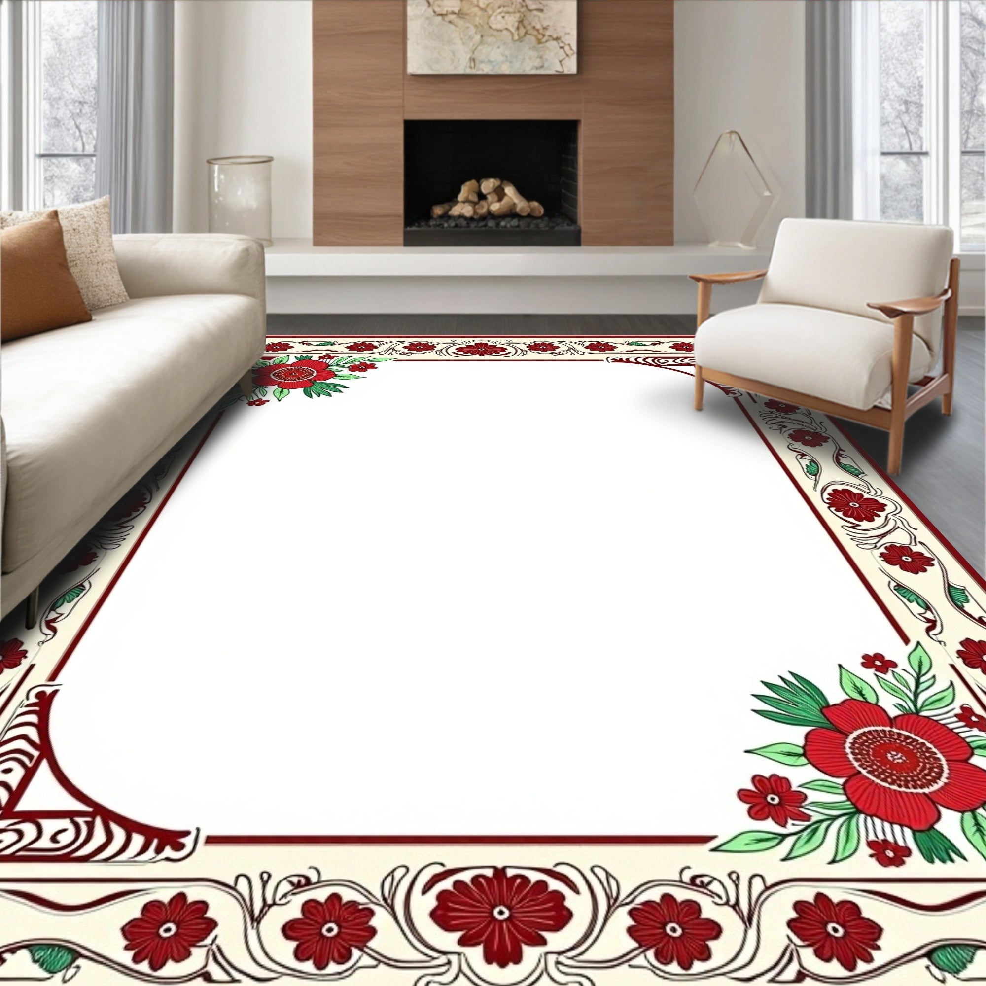 Crimson Red Floral Border Cream Rug