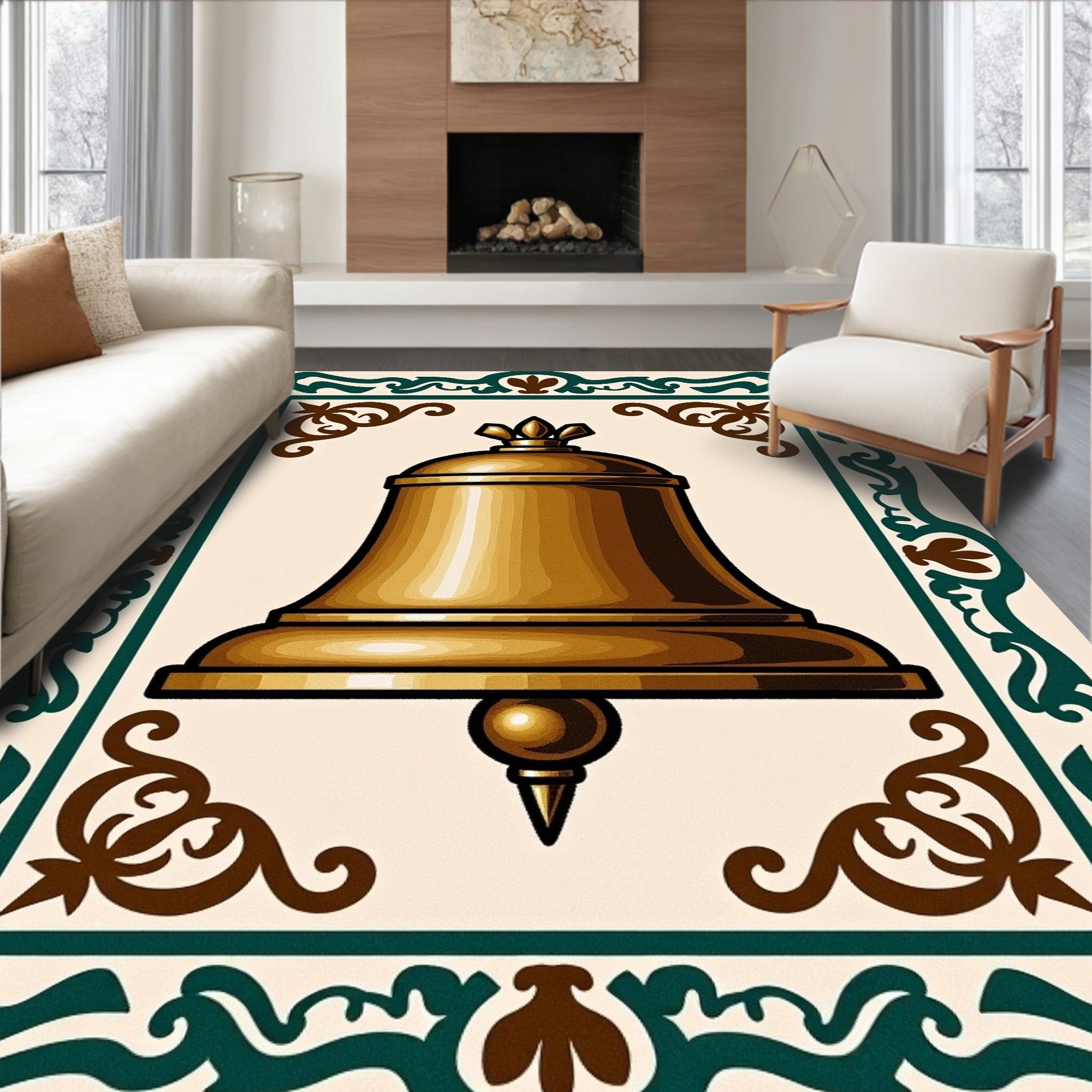 Golden Bell Bordered Ornate Rug