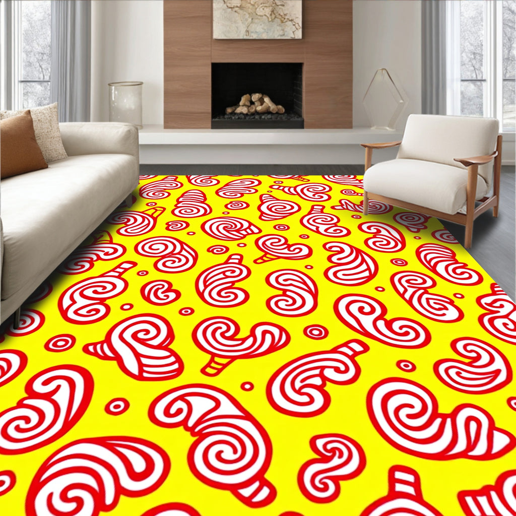 Vibrant Red Swirls Yellow Background Rug