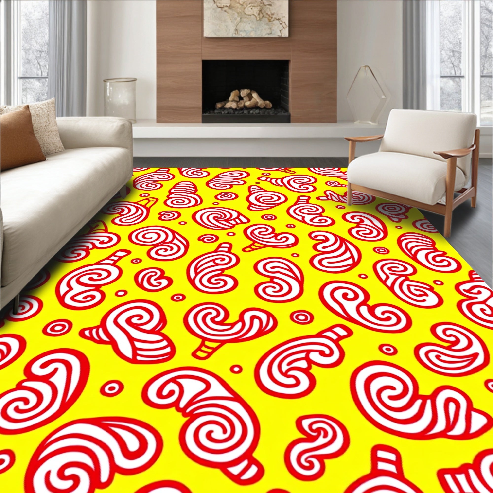 Vibrant Red Swirls Yellow Background Rug