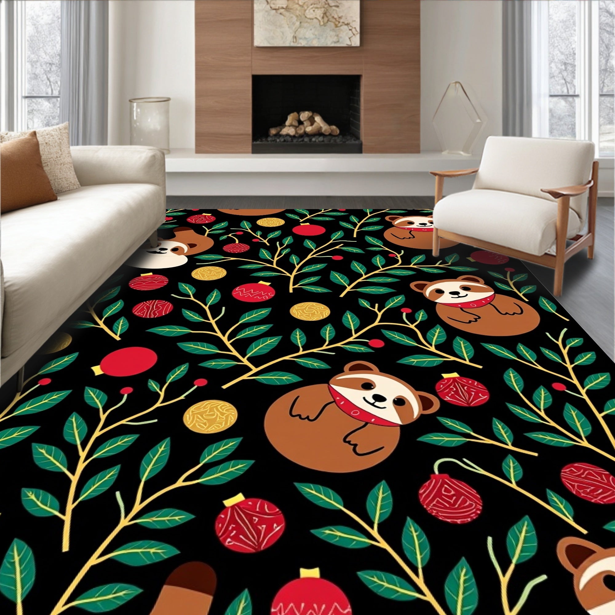 Playful Raccoon Red Holiday Bauble Rug