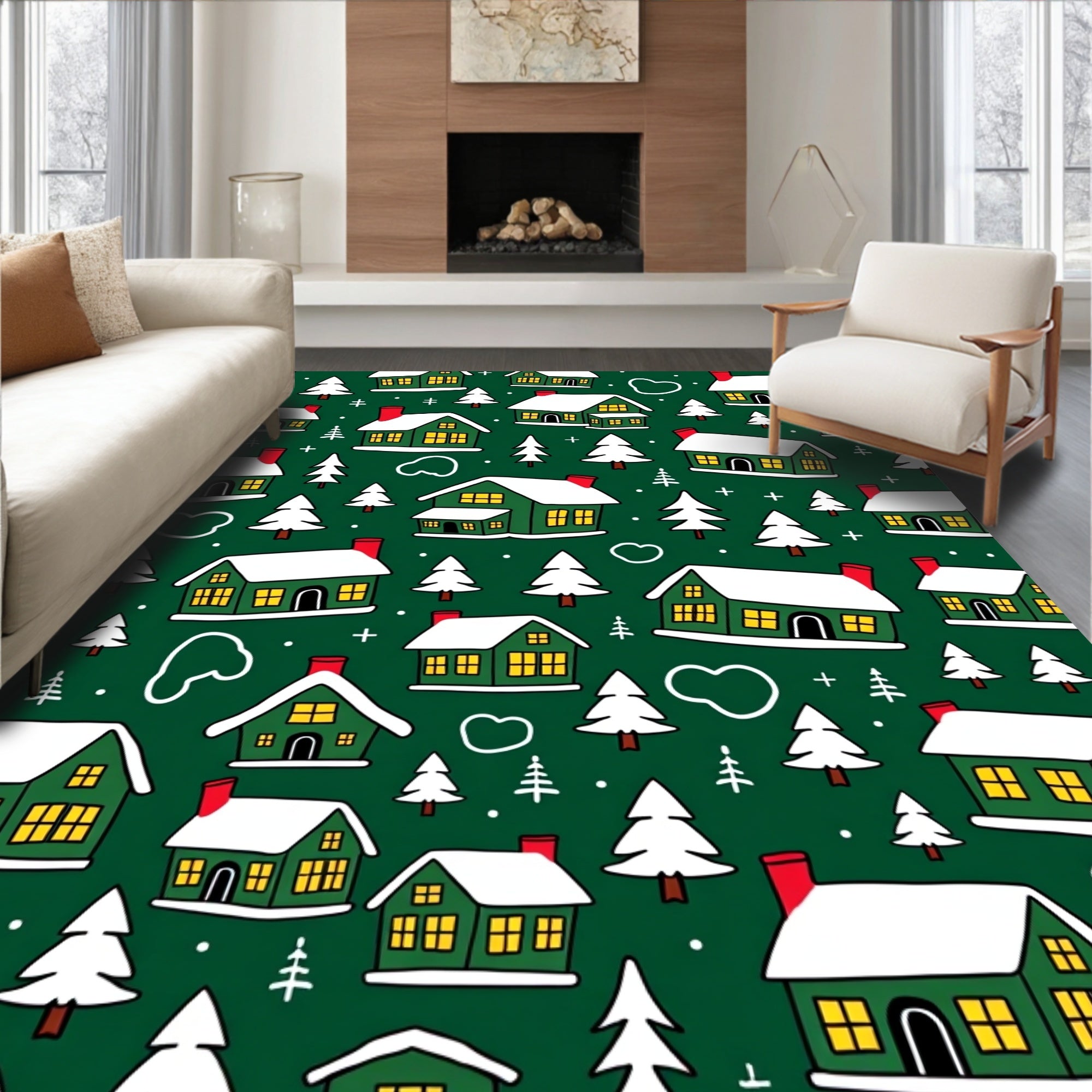 Green Snowy House Christmas Trees Rug