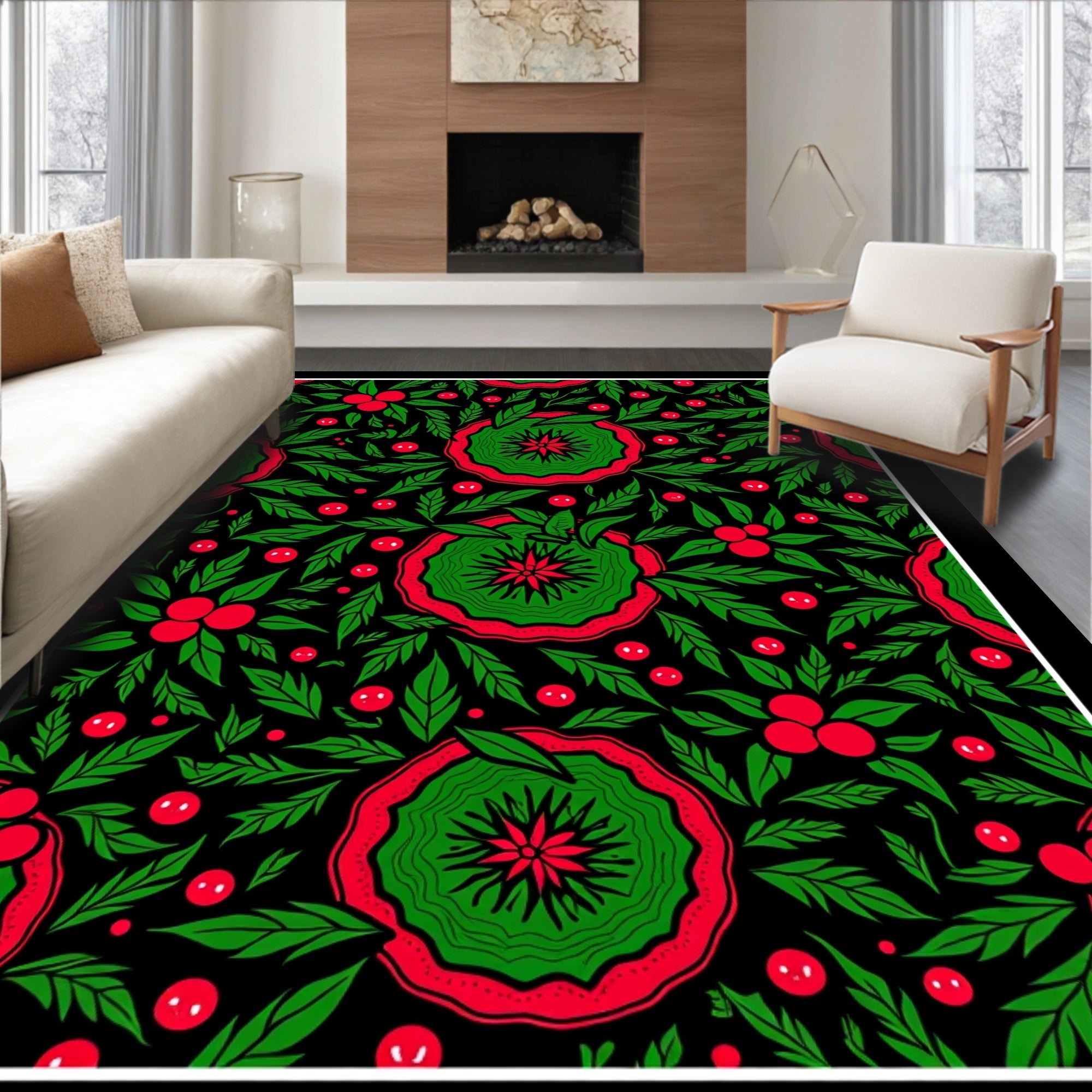 Vibrant Red And Green Floral Burst Rug