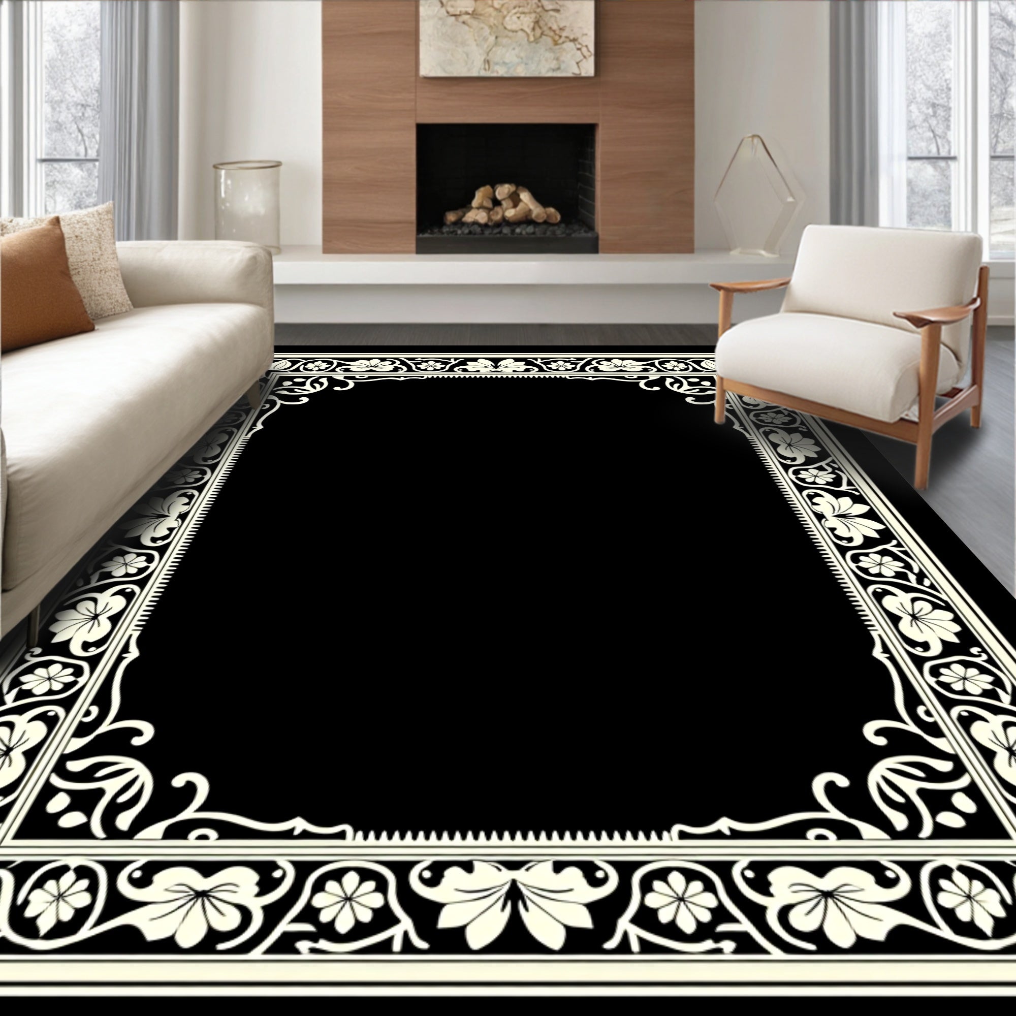 Cream Floral Vine Border Rug