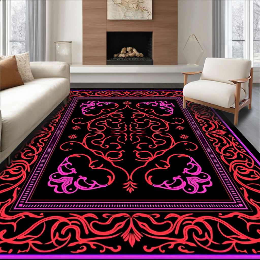 Vibrant Pink Red Floral Scroll Frame Rug