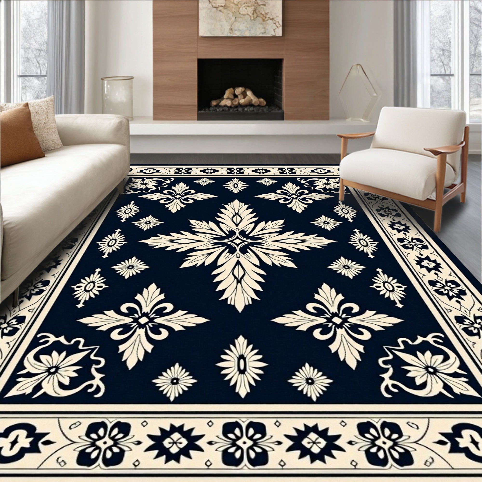 Classic Dark Blue Cream Floral Medallion Rug