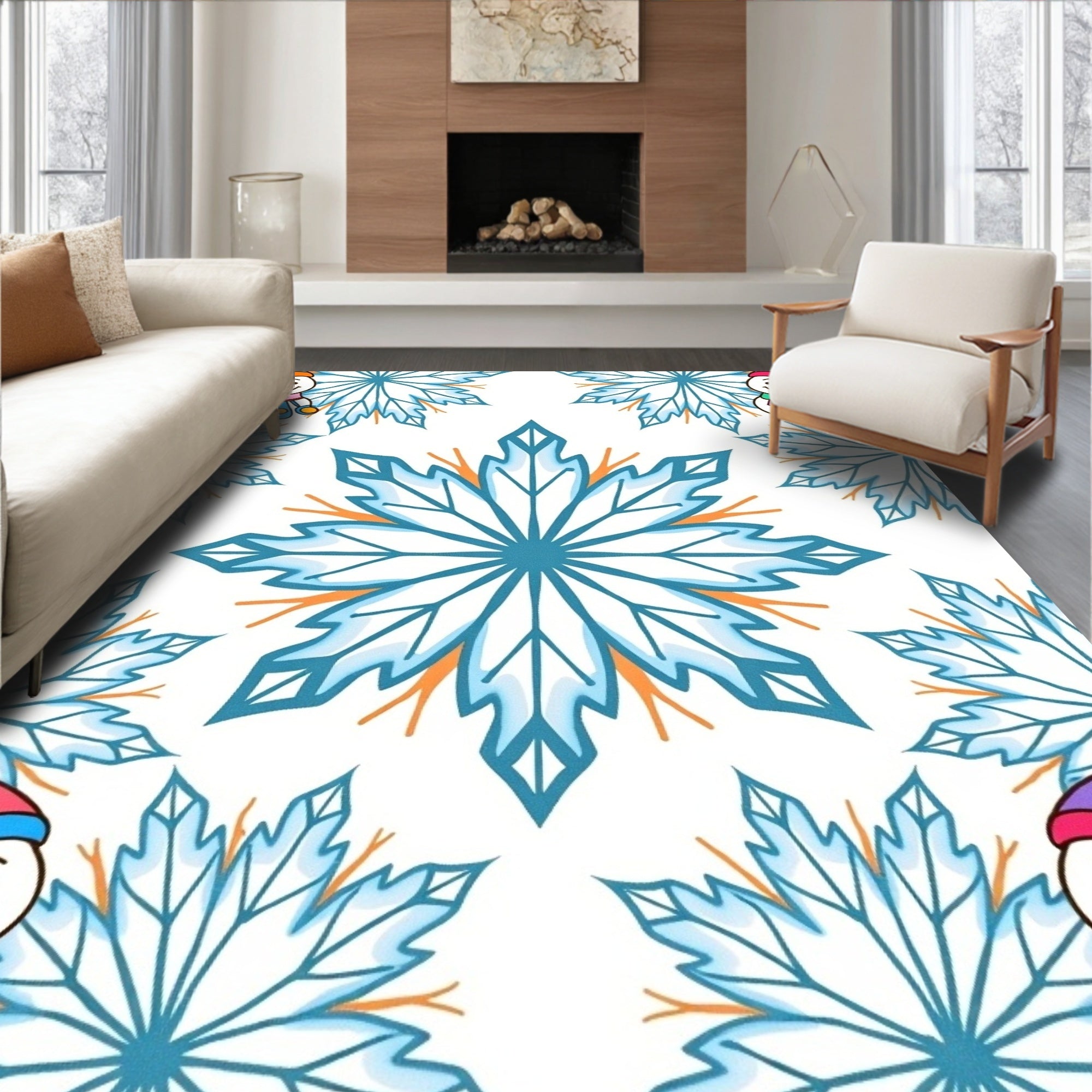 Whimsical Snowman Snowflake Winter Medallion Rug