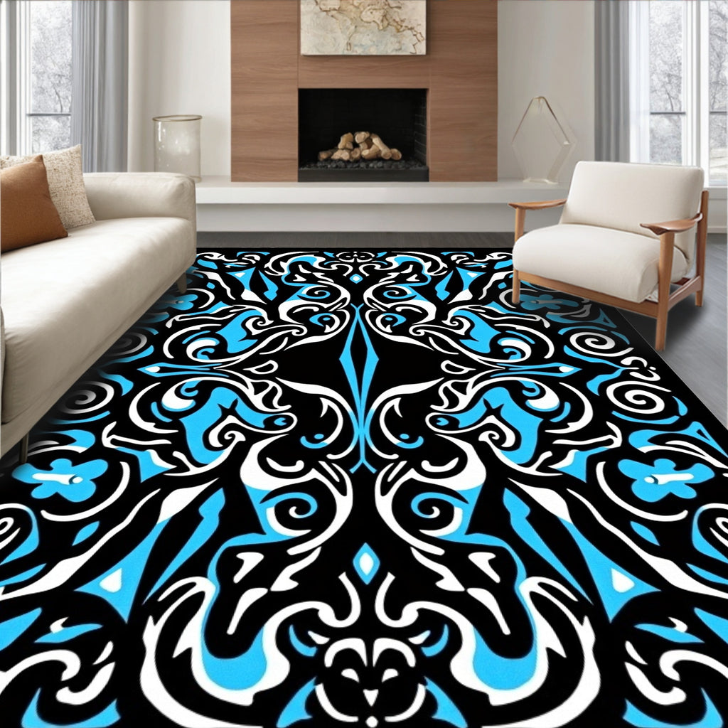 Abstract Black Blue White Swirls Rug