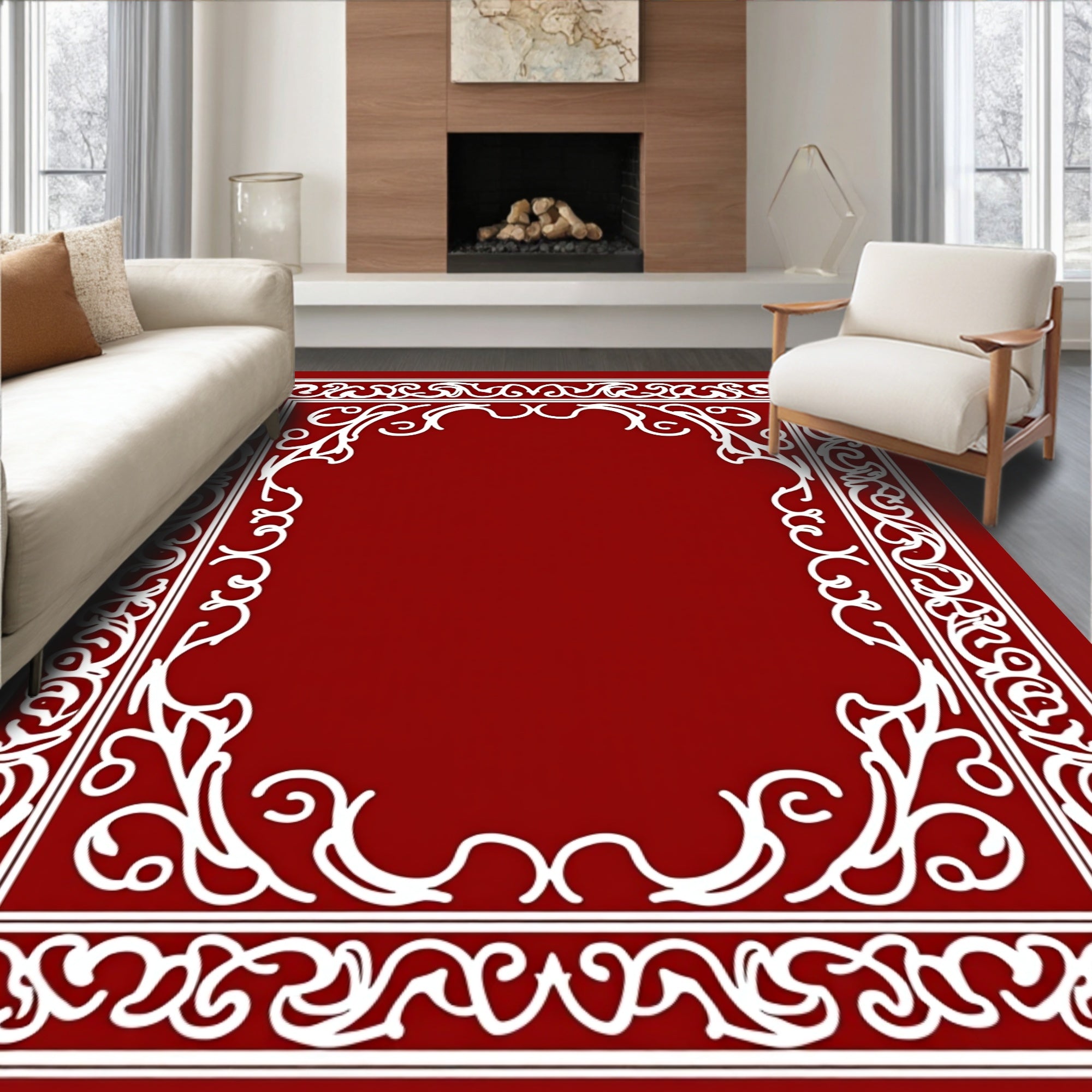 Crimson White Scrollwork Border Rug