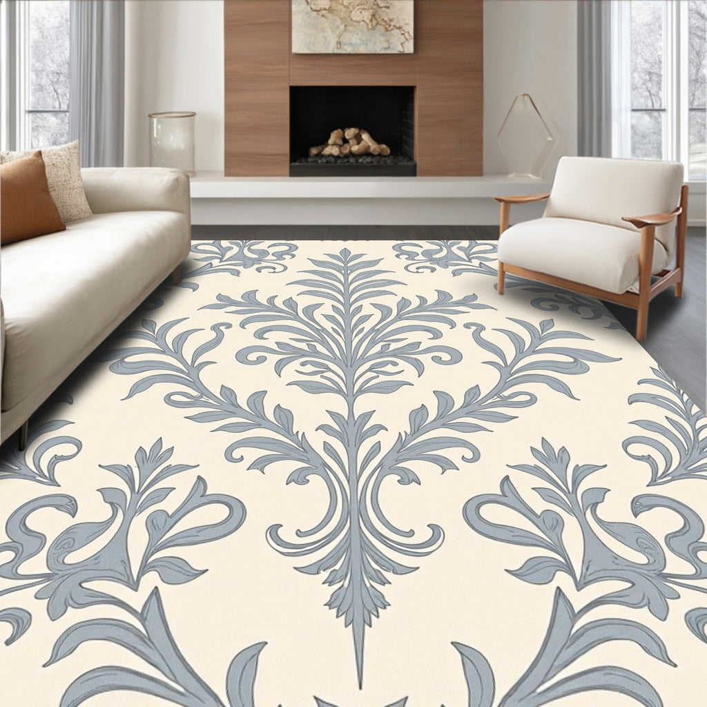 Pale Blue Damask Floral Crest Rug