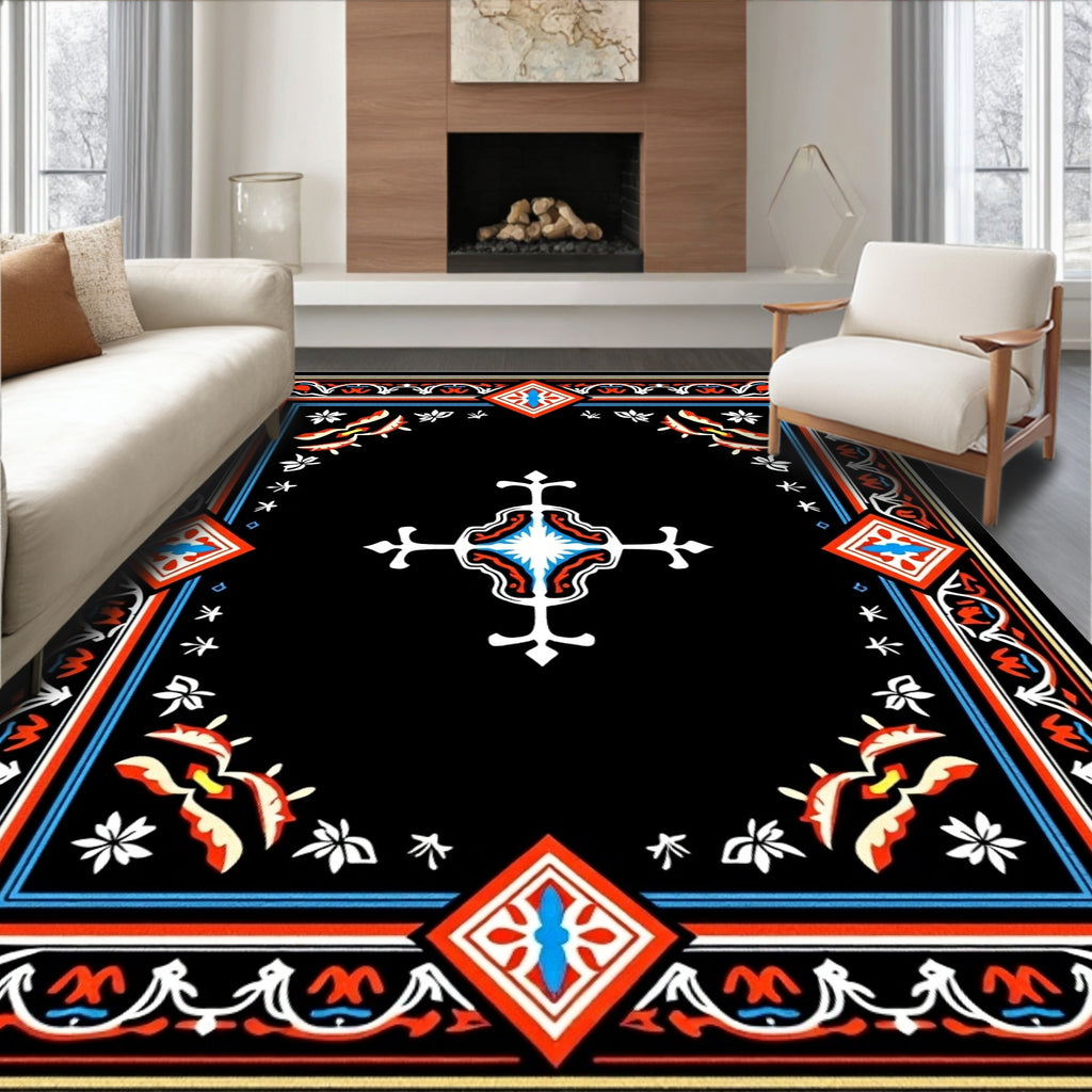 Bold Black Red White Geometric Medallion Rug