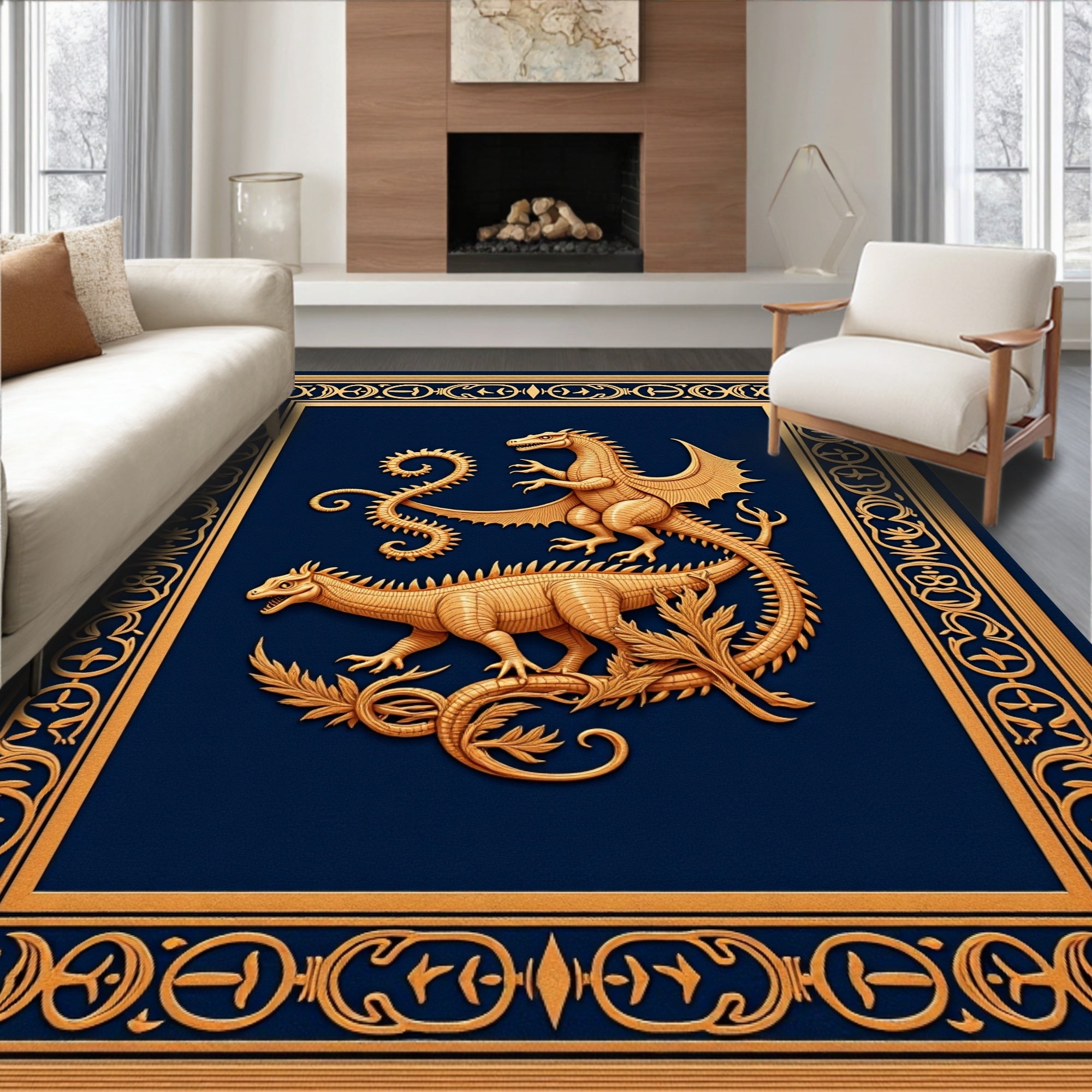 Golden Dragons Ornate Navy Border Rug