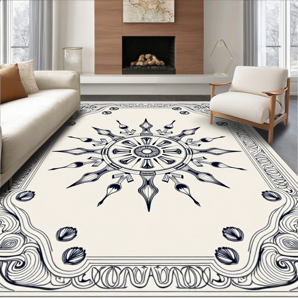 Ornate Black Sunburst Mandala Medallion Rug