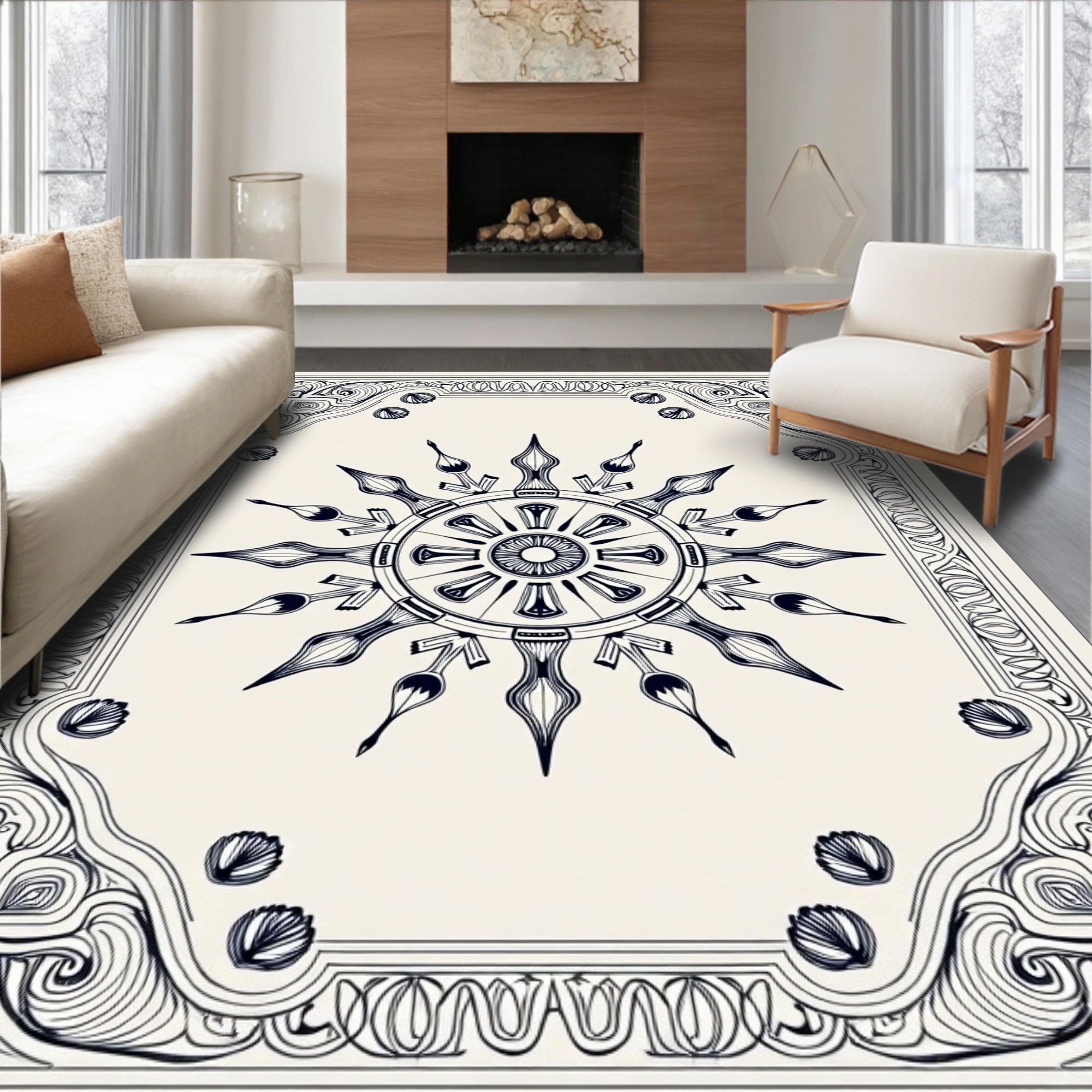 Ornate Black Sunburst Mandala Medallion Rug