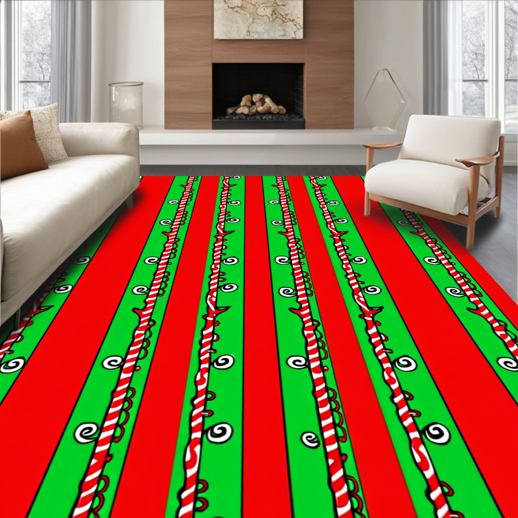 Red Green Striped Vine Swirl Rug