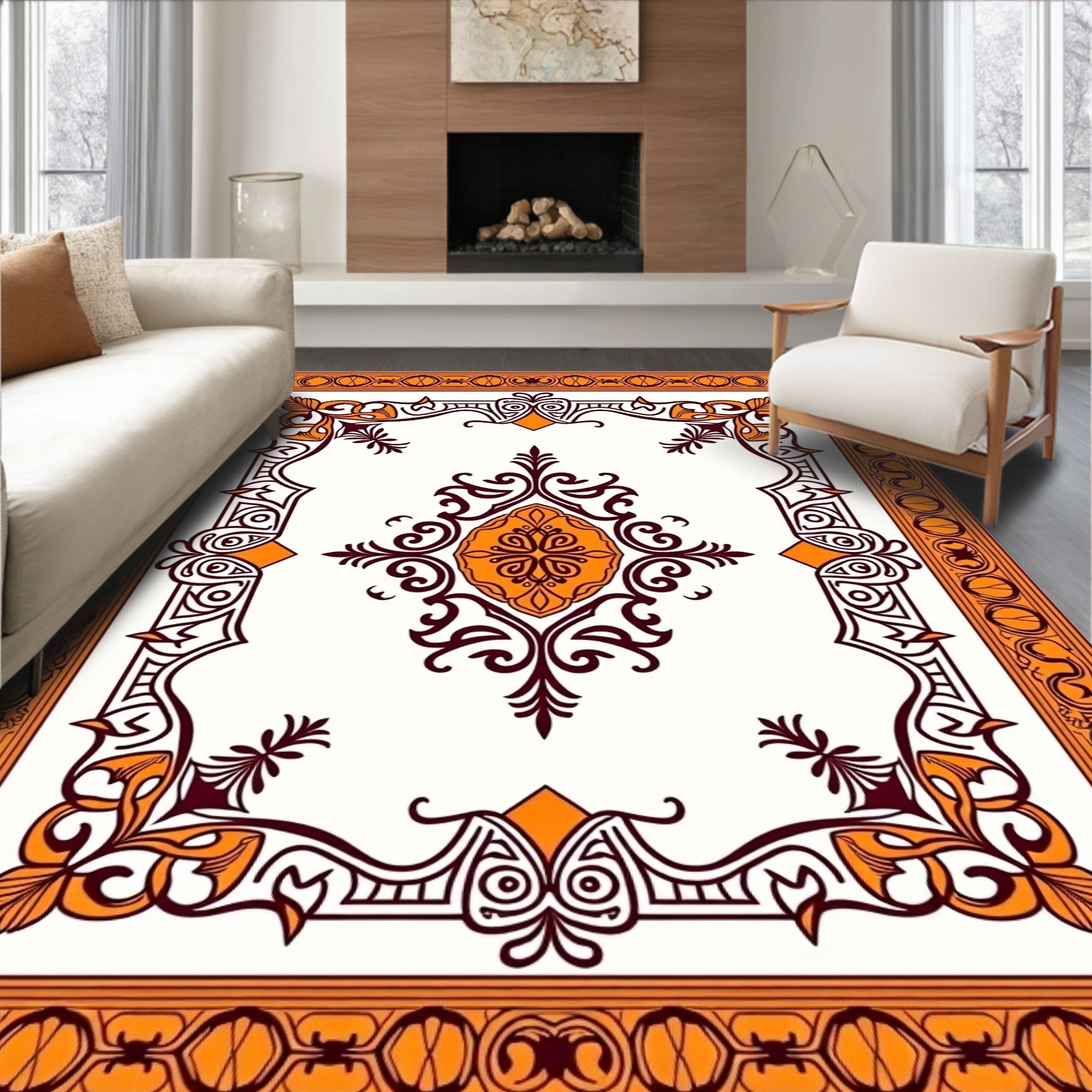 Orange And Burgundy Medallion Border Rug